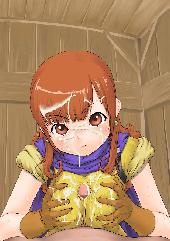 makochin, alena (dq4), chunsoft, dragon quest, dragon quest iv, enix, square enix, 1girl, breasts, censored, cum, cum on body, cum on breasts, cum on upper body, curly hair, facial, gloves, mosaic censoring, paizuri, paizuri over clothes, penis, pov, red eyes, red hair, solo focus