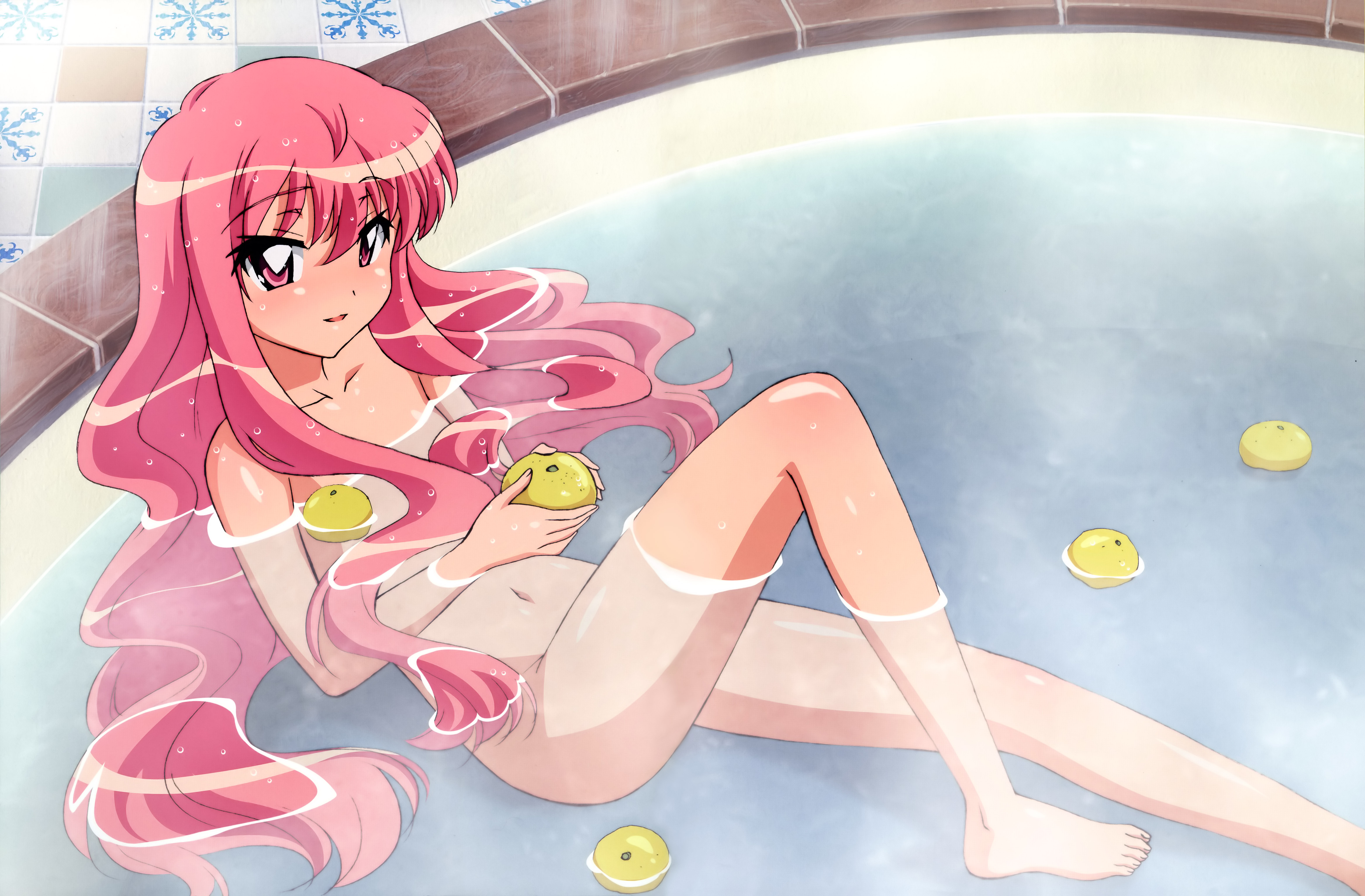 louise francoise le blanc de la valliere, zero no tsukaima, absurdres, artist request, highres, 00s, 1girl, barefoot, bath, bathing, female focus, flat chest, food, fruit, lemon, long hair, nude, pink eyes, pink hair, solo, wavy hair, wet, yuzu (fruit)