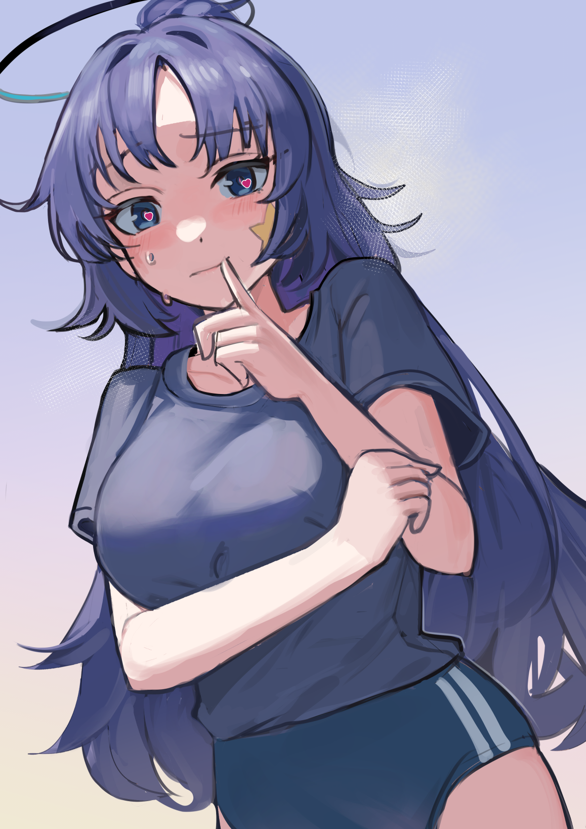 solokitsune, yuuka (blue archive), yuuka (track) (blue archive), blue archive, commentary request, highres, 1girl, arm under breasts, black shirt, blue buruma, blue eyes, blush, breasts, buruma, dutch angle, halo, heart, heart in eye, large breasts, long hair, looking at viewer, official alternate costume, purple hair, shirt, short sleeves, solo, star (symbol), star sticker, sticker, sticker on face, sweat, symbol in eye, t-shirt, very long hair