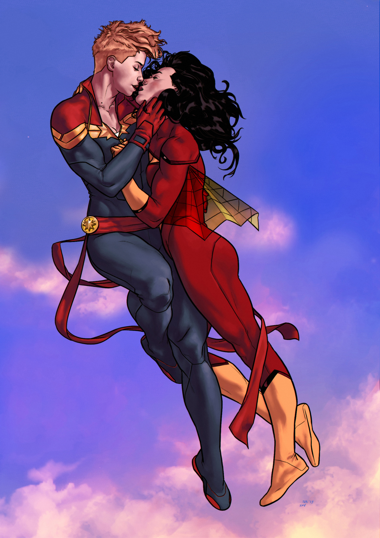 dima ivanov, captain marvel, carol danvers, jessica drew, spider-woman, marvel, highres, 2girls, black hair, blonde hair, buzz cut, closed eyes, face-to-face, flying, full body, gloves, hug, imminent kiss, lips, long hair, multiple girls, outdoors, parted lips, short hair, sky, superhero costume, very short hair, yuri