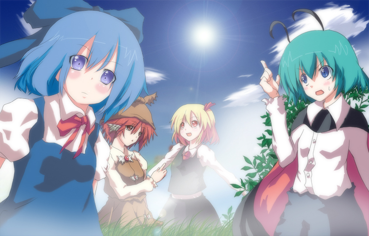 kayshine, cirno, mystia lorelei, rumia, wriggle nightbug, touhou, bad id, bad pixiv id, 4girls, antennae, blonde hair, blue eyes, blue hair, blush, dress, female focus, green hair, hat, multiple girls, nature, outdoors, plant, red eyes, red hair, ribbon, short hair, skirt, sky, team 9 (touhou)