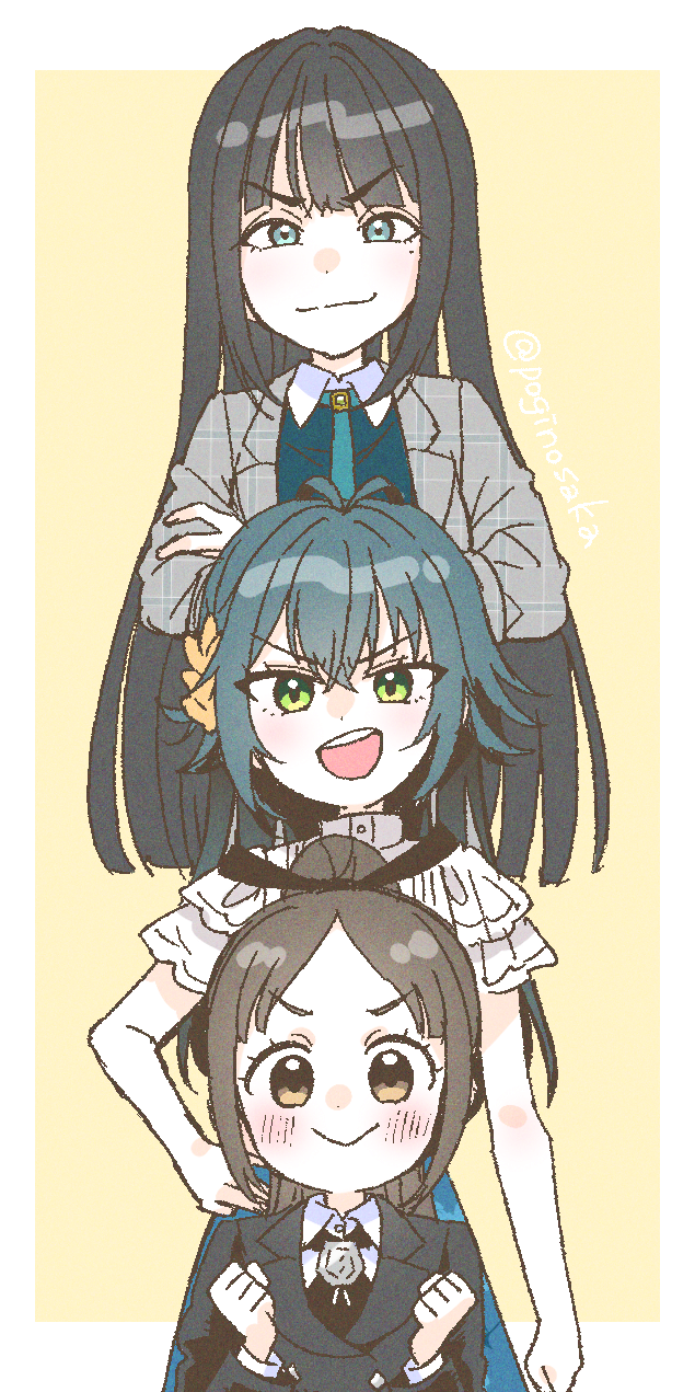pogii, amaya tsubame, kuramoto china, tsukimura temari, gakuen idolmaster, idolmaster, commentary request, highres, 3girls, alternate hairstyle, amaya tsubame (cosplay), antenna hair, black hair, black jacket, blunt bangs, blunt ends, blush, border, clenched hands, coat, cosplay, costume switch, crossed arms, green hair, green shirt, grey coat, group costume switch, group hairstyle switch, hair flaps, hairstyle switch, jacket, kuramoto china (cosplay), layered sleeves, long hair, looking at viewer, multiple girls, parted bangs, ponytail, shirt, simple background, straight hair, tsukimura temari (cosplay), v-shaped eyebrows, very long hair, white border, white shirt, yellow background