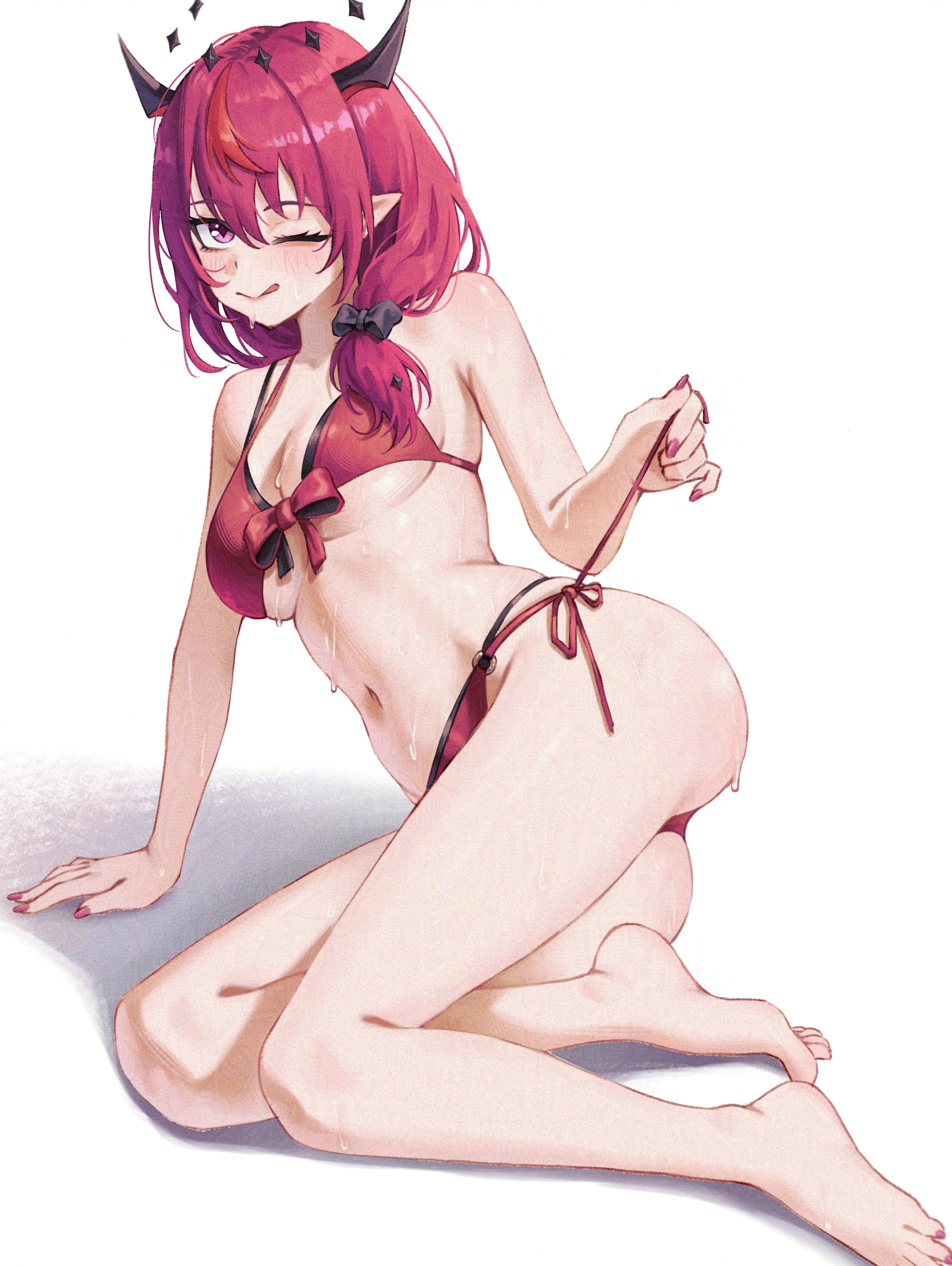 samukzz, irys (hololive), irys (holonatsu paradise) (hololive), hololive, hololive english, absurdres, adversarial noise, commentary, english commentary, highres, 1girl, ;q, arm support, ass, barefoot, bikini, bikini bottom pull, black bikini, blue eyes, blush, bow, bow bikini, breasts, cleavage, feet, film grain, fingernails, hair bow, halo, halterneck, heterochromia, horns, layered bikini, long hair, low-tied long hair, lying, medium breasts, multicolored hair, nail polish, navel, official alternate costume, on side, one eye closed, parted lips, pointy ears, purple eyes, purple hair, red bikini, red hair, side-tie bikini bottom, simple background, solo, star halo, stomach, streaked hair, string bikini, swimsuit, teeth, toenails, toes, tongue, tongue out, virtual youtuber, wet, white background
