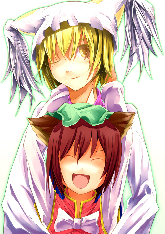 reitsuki kazuma, chen, yakumo ran, touhou, bad id, bad pixiv id, 2girls, animal ears, animal hat, blonde hair, brown hair, cat ears, cat girl, closed eyes, female focus, fox ears, hat, long sleeves, mob cap, multiple girls, ribbon, short hair, smile, tassel, white background, yellow eyes