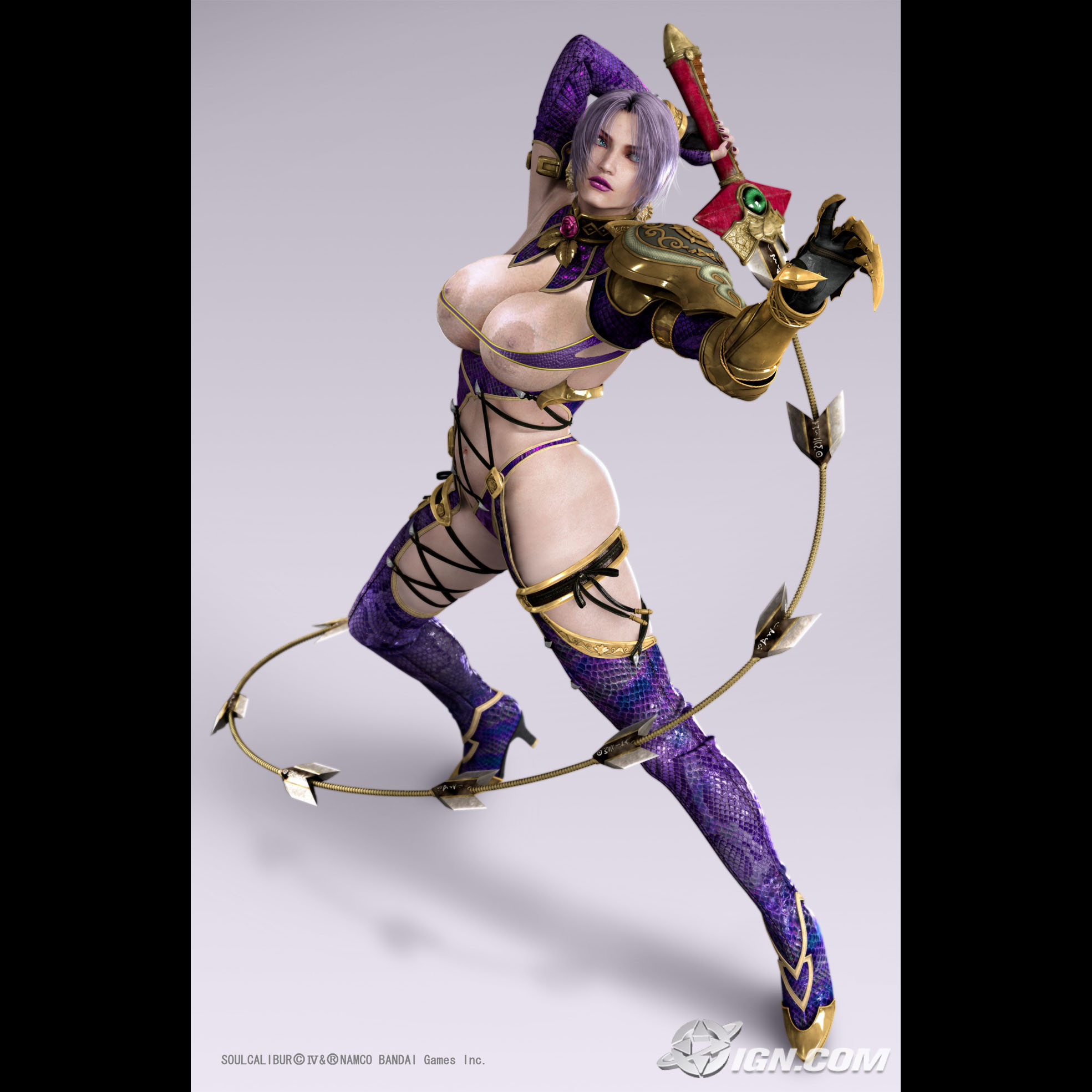 isabella valentine, soul calibur, soulcalibur, soulcalibur iv, highres, nude filter, third-party edit, breasts, huge breasts, nipples, nude, short hair, solo, sword, watermark, weapon