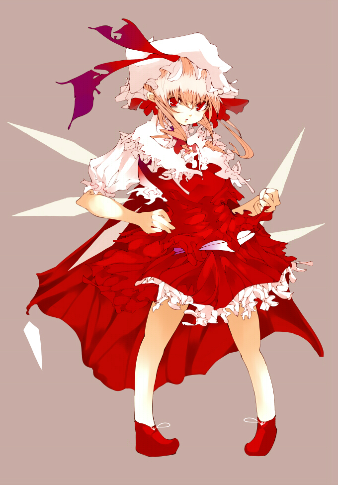 makino (pixiv), flandre scarlet, embodiment of scarlet devil, touhou, bad id, bad pixiv id, 1girl, blonde hair, blouse, female focus, full body, grey background, hat, mob cap, ribbon, shirt, short hair, simple background, solo, white hat, white shirt, wings
