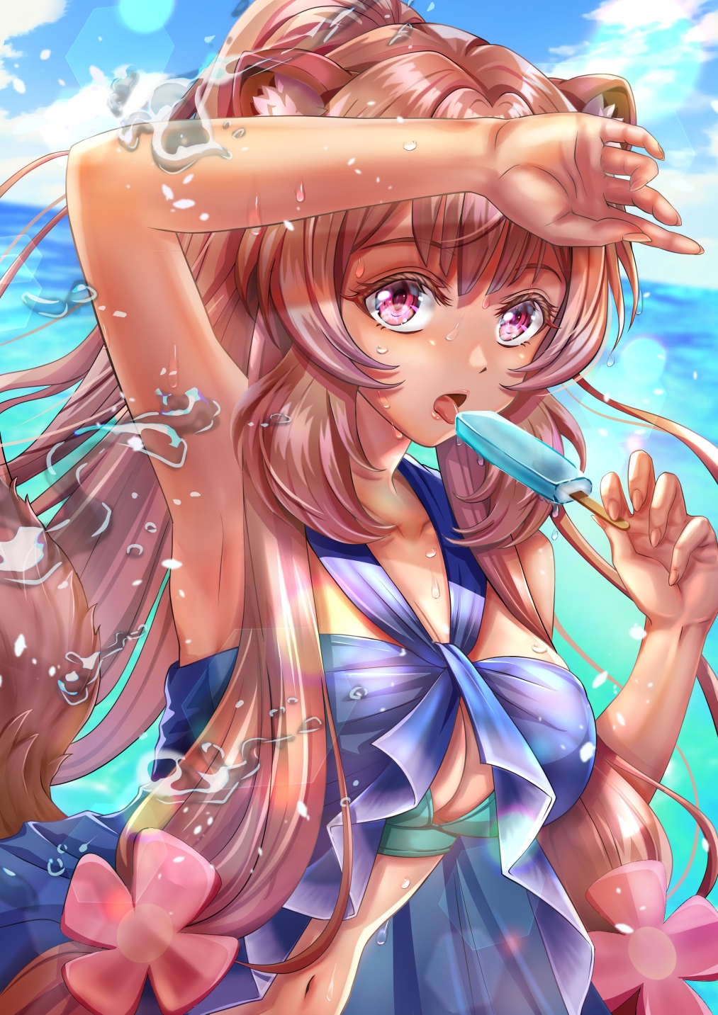rainbow–chaser, raphtalia, tate no yuusha no nariagari, commentary request, highres, 1girl, animal ear fluff, animal ears, aqua bikini, arm up, armpits, bare shoulders, bikini, blue bikini, blue sky, breasts, brown hair, cleavage, cloud, cloudy sky, collarbone, day, eyelashes, flower, food, hair flower, hair ornament, hand up, holding, holding food, holding popsicle, large breasts, layered bikini, long hair, looking at viewer, navel, ocean, official alternate costume, open mouth, outdoors, pink flower, ponytail, popsicle, raccoon ears, raccoon girl, raccoon tail, sky, solo, splashing, stomach, straight hair, swimsuit, tail, tongue, tongue out, upper body