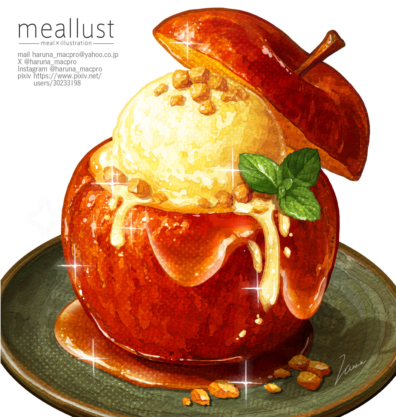 haruna macpro, original, commentary request, highres, apple, artist name, caramel, food, food focus, fruit, ice cream, mint, no humans, nut (food), plate, signature, white background