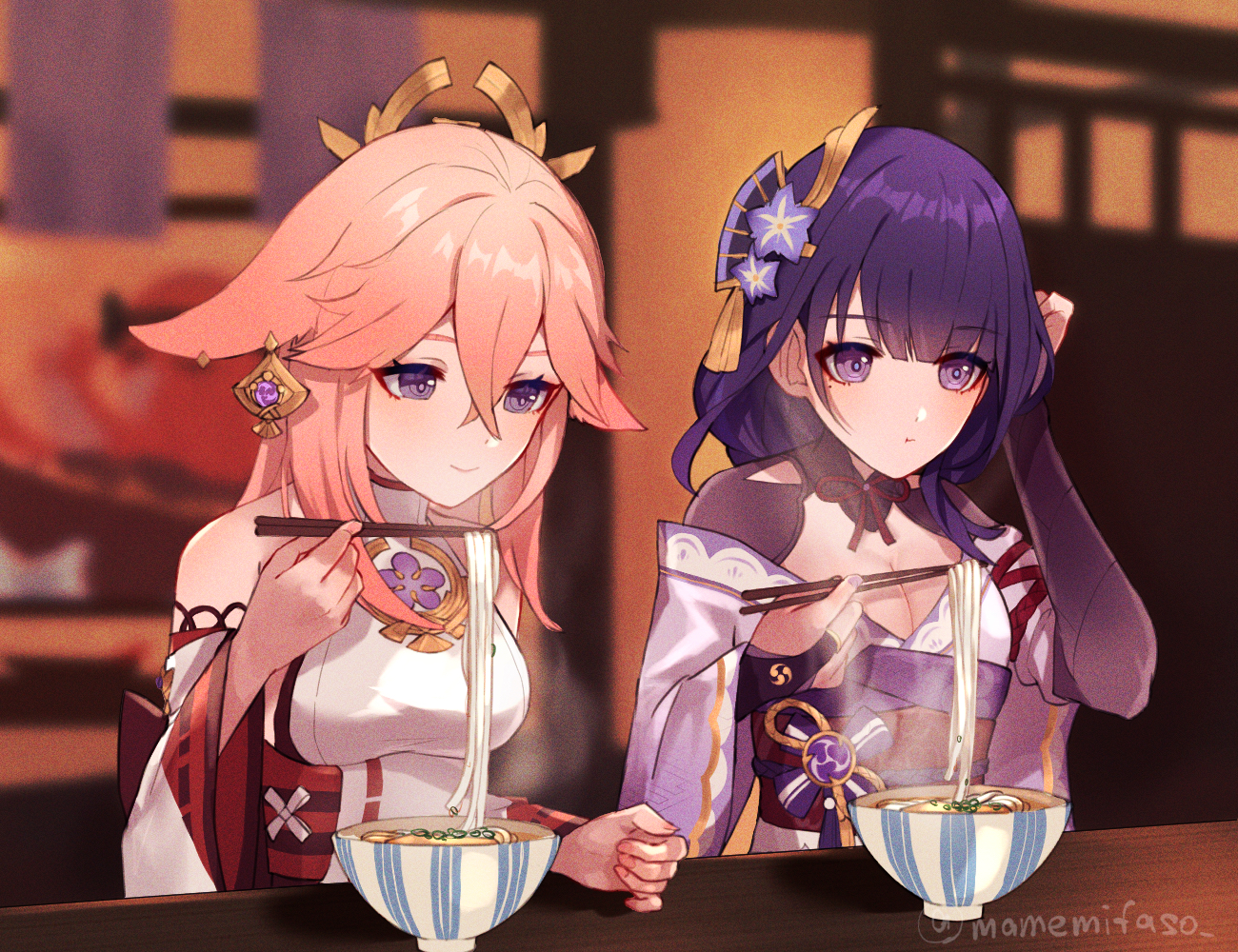 mano (m1n0f2e1), raiden shogun, yae miko, genshin impact, commentary request, 2girls, animal ears, artist name, bare shoulders, blue pupils, blunt bangs, blurry, blurry background, blush, bowl, braid, breasts, bridal gauntlets, chopsticks, cleavage, closed mouth, couple, detached sleeves, fan hair ornament, flower, flower ornament, food, fox ears, fox girl, friends, hair between eyes, hair ornament, headpiece, holding, holding chopsticks, indoors, japanese clothes, jewelry, kimono, large breasts, light smile, long hair, long sleeves, looking at breasts, looking down, mole, mole under eye, multicolored eyes, multicolored hair, multiple girls, noodles, parted lips, pendant, pink hair, purple eyes, purple flower, purple hair, purple kimono, red sash, sash, sitting, steaming food, twitter username, upper body, wavy hair, wide sleeves, yuri