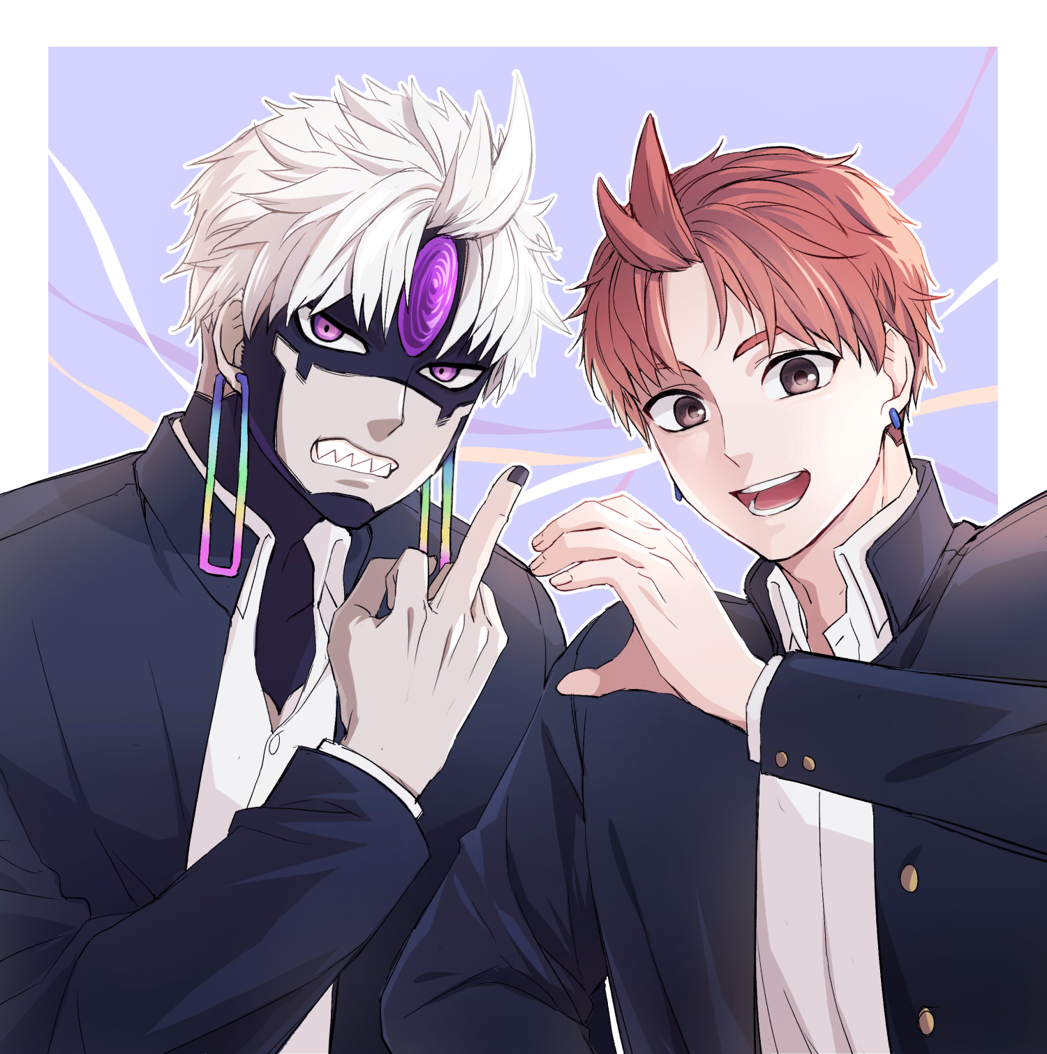 ccs akimi, enjoji jin, evil eye (dandadan), dandadan, commentary, english commentary, highres, 2boys, black jacket, black nails, border, brown eyes, collared shirt, dual persona, earrings, gakuran, heart hands failure, jacket, jewelry, kami high school uniform, long sleeves, looking at viewer, male focus, middle finger, multiple boys, open mouth, outside border, possessed, purple eyes, red hair, school uniform, sharp teeth, shirt, short hair, teeth, third eye, upper body, white border, white hair, white shirt