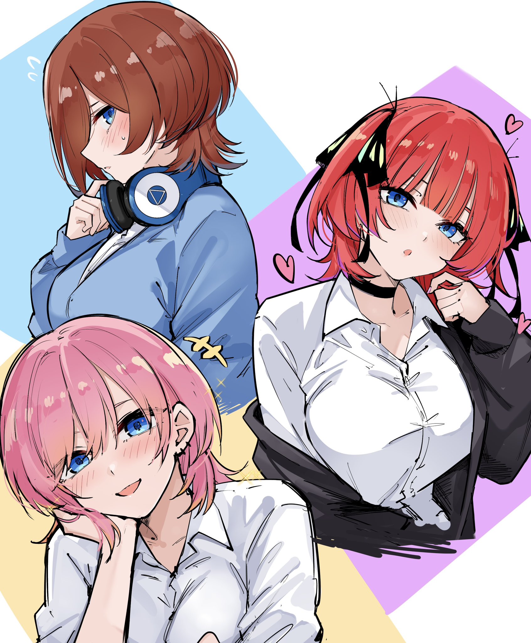 mame1645, nakano ichika, nakano miku, nakano nino, go-toubun no hanayome, commentary request, highres, 3girls, alternate hairstyle, black cardigan, black choker, blue cardigan, blunt bangs, blush, breasts, brown hair, cardigan, choker, cropped torso, dress shirt, hand on own cheek, hand on own face, head rest, headphones, headphones around neck, heart, large breasts, looking at viewer, multiple girls, open collar, pink hair, red hair, school uniform, shirt, siblings, sisters, smile, sweatdrop, upper body, white shirt, wolf cut