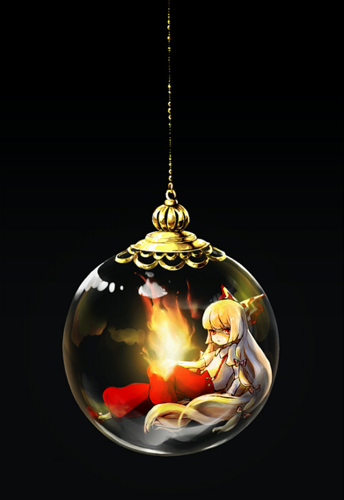 neochi, fujiwara no mokou, touhou, silver hair, 1girl, black background, blouse, collared shirt, dark, female focus, fire, full body, long hair, lying, red shoes, ribbon, shirt, shoes, solo, very long hair, white shirt