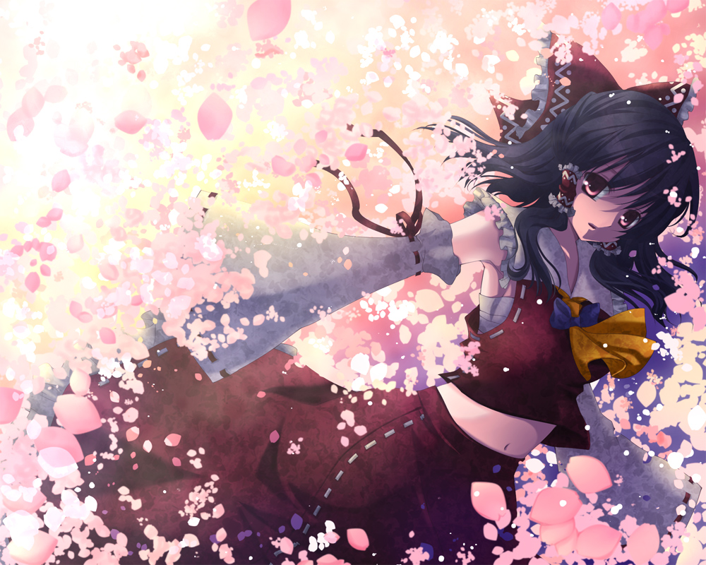 mikazuki sara, hakurei reimu, touhou, bad id, bad pixiv id, 1girl, armpits, cherry blossoms, detached sleeves, female focus, japanese clothes, midriff, miko, nature, navel, outdoors, petals, plant, ribbon, skirt, solo