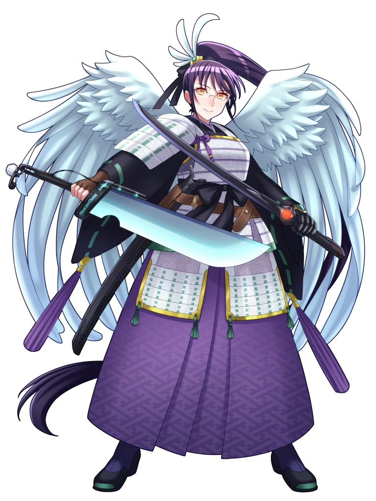 co noelize, chain paradox, 1girl, angel wings, armor, black gloves, brown gloves, dual wielding, feather hair ornament, feathers, fingerless gloves, full body, glasses, gloves, hair ornament, holding, holding sword, holding weapon, japanese armor, long hair, melkidia sedecriel, purple hair, purple skirt, sayagata, sheath, skirt, smile, solo, standing, sword, very long hair, weapon, white wings, wings, yellow eyes