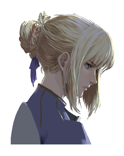 enami katsumi, artoria pendragon (fate), saber (fate), fate/stay night, fate (series), 00s, 1girl, armor, blonde hair, blue eyes, braid, female focus, from side, hair bun, hair ribbon, profile, realistic, ribbon, short hair, simple background, single hair bun, solo, upper body, white background