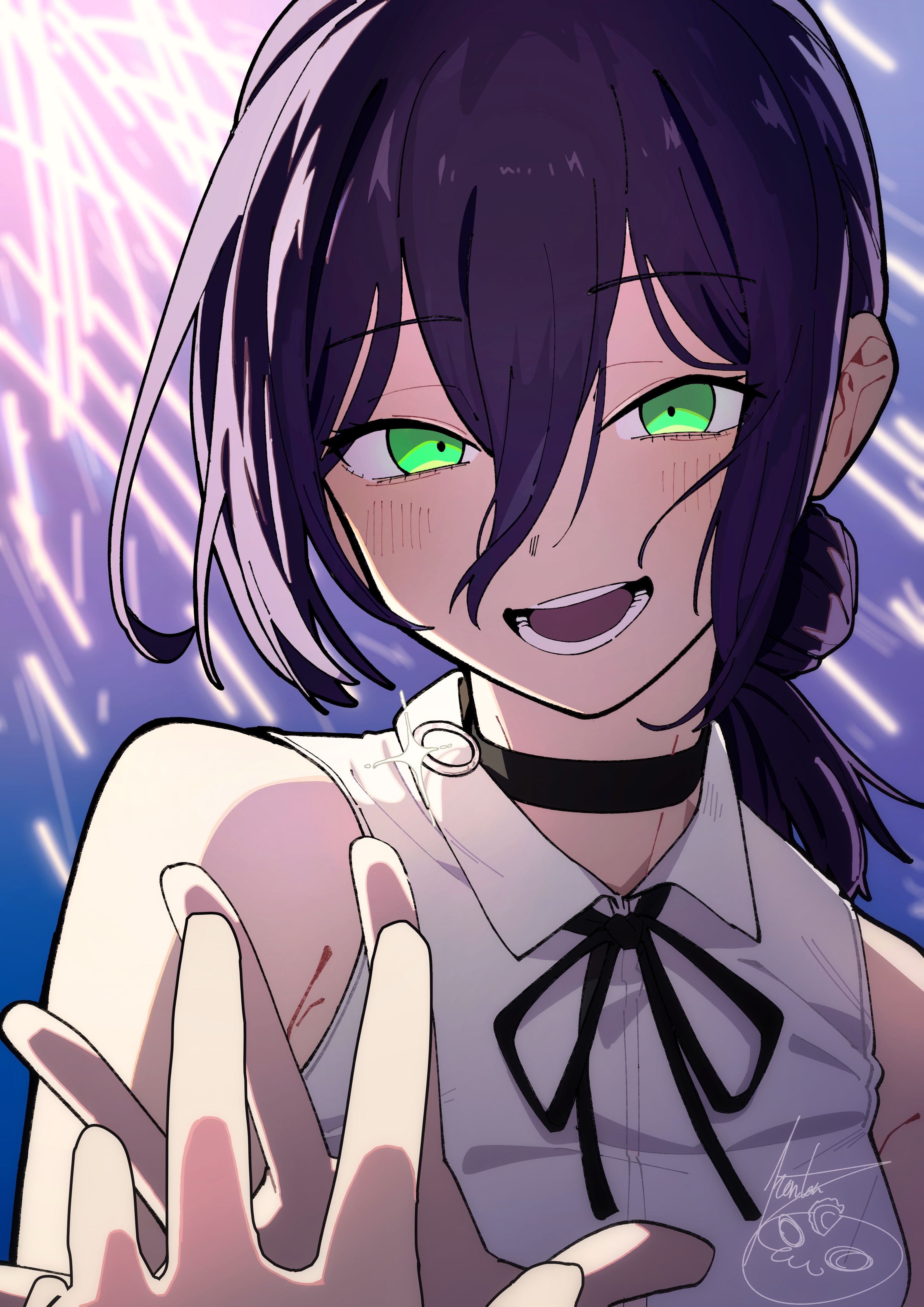 hanten (hantennano), reze (chainsaw man), chainsaw man, absurdres, commentary request, highres, 1girl, 1other, aerial fireworks, black choker, black ribbon, choker, collared shirt, fireworks, green eyes, hair between eyes, hair bun, hand up, neck ribbon, night, open mouth, outdoors, pov, pull cord, ribbon, shirt, shirt tucked in, single hair bun, sleeveless, sleeveless shirt, teeth