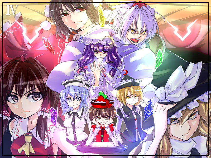 mizu akane, sushikuugo (suisen), hakurei reimu, inubashiri momiji, kirisame marisa, komeiji satori, lunasa prismriver, lyrica prismriver, merlin prismriver, patchouli knowledge, shameimaru aya, code geass, touhou, bad id, bad pixiv id, 6+girls, blonde hair, female focus, geass, multiple girls, parody