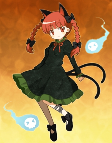 tamaki (209), kaenbyou rin, touhou, lowres, > <, 1girl, animal ears, braid, cat ears, cat girl, cat tail, closed eyes, extra ears, female focus, floating skull, leg ribbon, looking at viewer, multiple tails, red eyes, red hair, ribbon, smile, solo, tail, twin braids, twintails