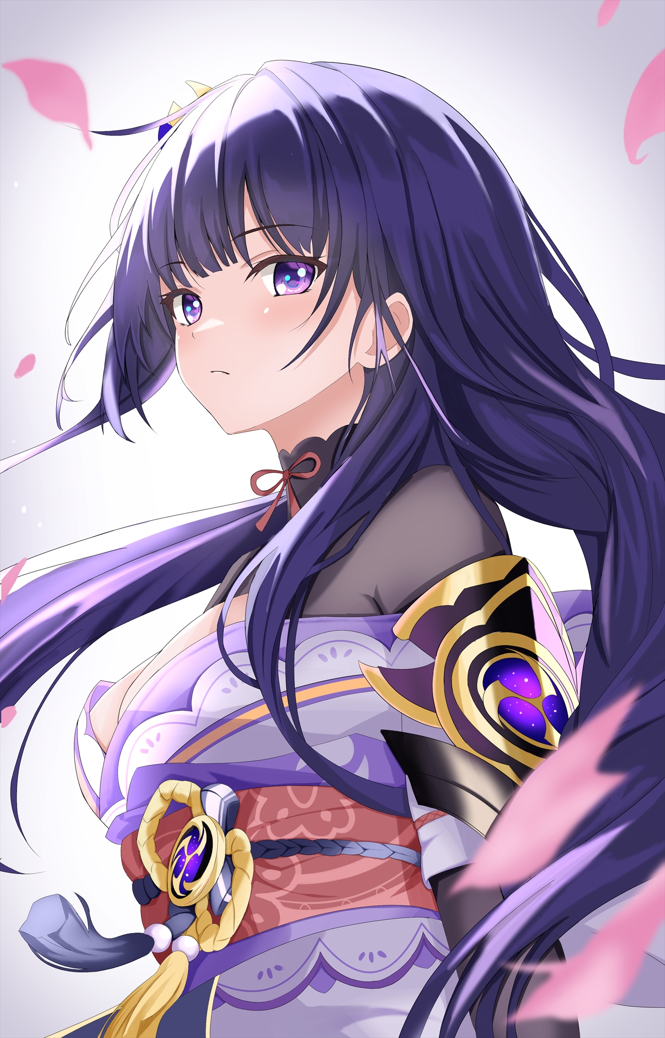 shamu (helix), raiden shogun, genshin impact, commentary, highres, 1girl, arm at side, backlighting, blunt bangs, blurry, blush, breasts, closed mouth, depth of field, falling petals, floating hair, frown, hair behind ear, japanese clothes, kimono, large breasts, long hair, looking at viewer, petals, purple eyes, purple hair, purple kimono, red sash, sash, simple background, solo, tassel, upper body, very long hair, white background