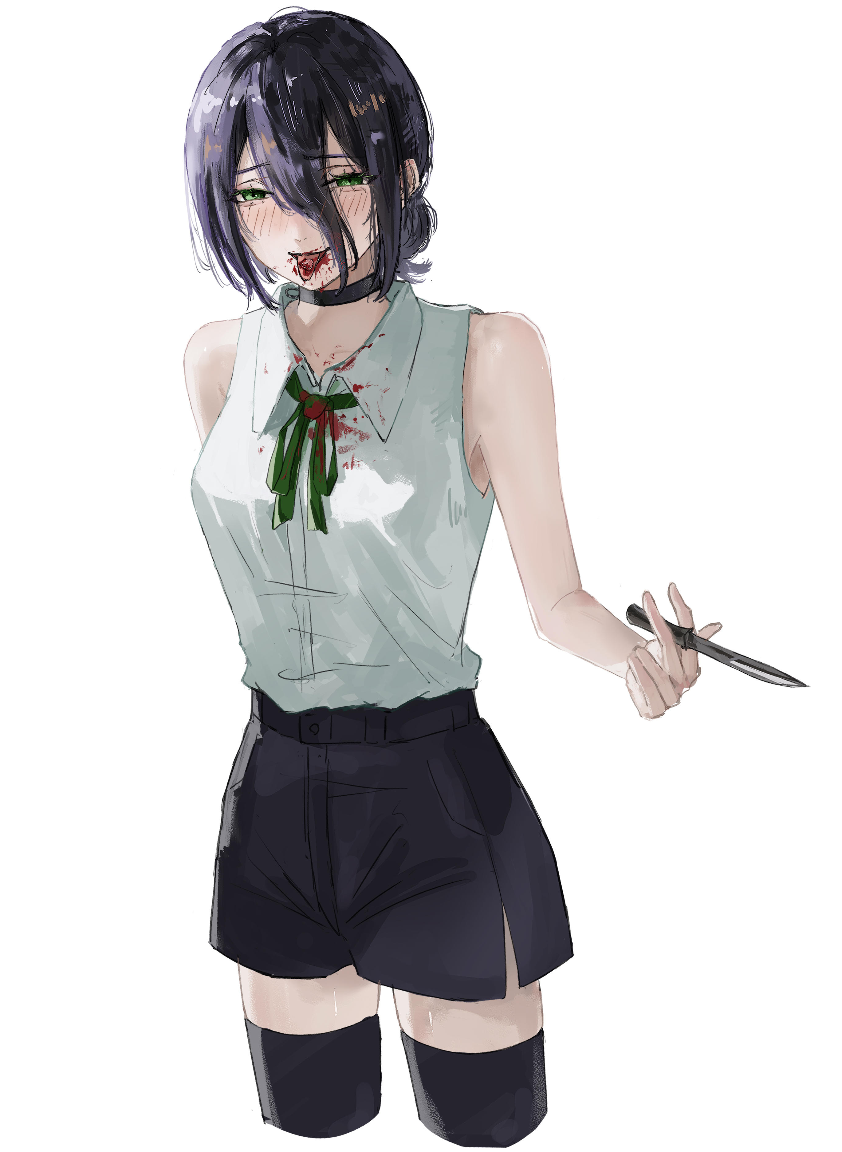 ushi yo, reze (chainsaw man), chainsaw man, absurdres, highres, black hair, black ribbon, black shorts, black thighhighs, blood, blood on clothes, blood on face, collared shirt, green eyes, hair between eyes, hair bun, holding, holding knife, knife, looking at viewer, neck ribbon, ribbon, severed tongue, shirt, shirt tucked in, shorts, simple background, sleeveless, sleeveless shirt, thighhighs, white background, white shirt
