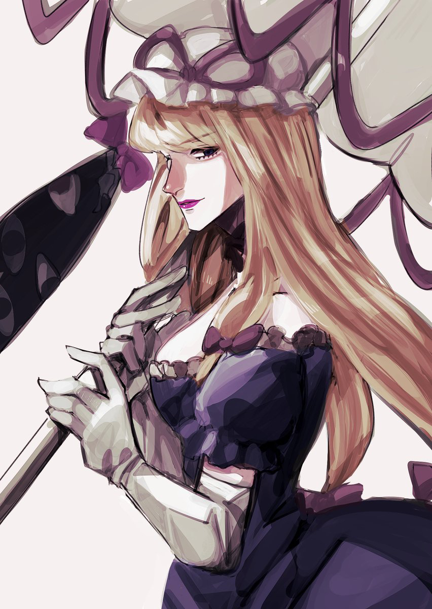 yakumo yukari, touhou, highres, 1girl, areno (areno1414), bare shoulders, blonde hair, bow, cowboy shot, dress, elbow gloves, frilled sleeves, frills, gap (touhou), gloves, hair bow, hat, hat ribbon, holding, holding umbrella, lips, lipstick, long hair, looking to the side, makeup, mob cap, pink lips, purple dress, purple ribbon, ribbon, solo, straight hair, strapless, strapless dress, umbrella, white gloves, white hat, white umbrella