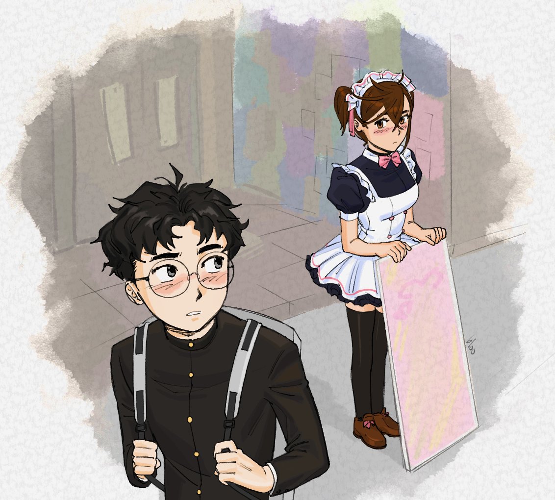 ayase momo, bloo, takakura ken (dandadan), dandadan, hashtag-only commentary, 1boy, 1girl, apron, backpack, bag, black dress, black hair, black jacket, black thighhighs, blurry, blurry background, blush, bow, bowtie, brown hair, brown shoes, closed mouth, crossed bangs, dress, full body, gakuran, glasses, hair between eyes, jacket, kami high school uniform, looking at another, looking back, maid, maid apron, maid headdress, official alternate costume, outdoors, pink bow, pink bowtie, puffy short sleeves, puffy sleeves, round eyewear, school uniform, shoes, short hair, short sleeves, standing, thighhighs, twintails, upper body, white apron, zettai ryouiki