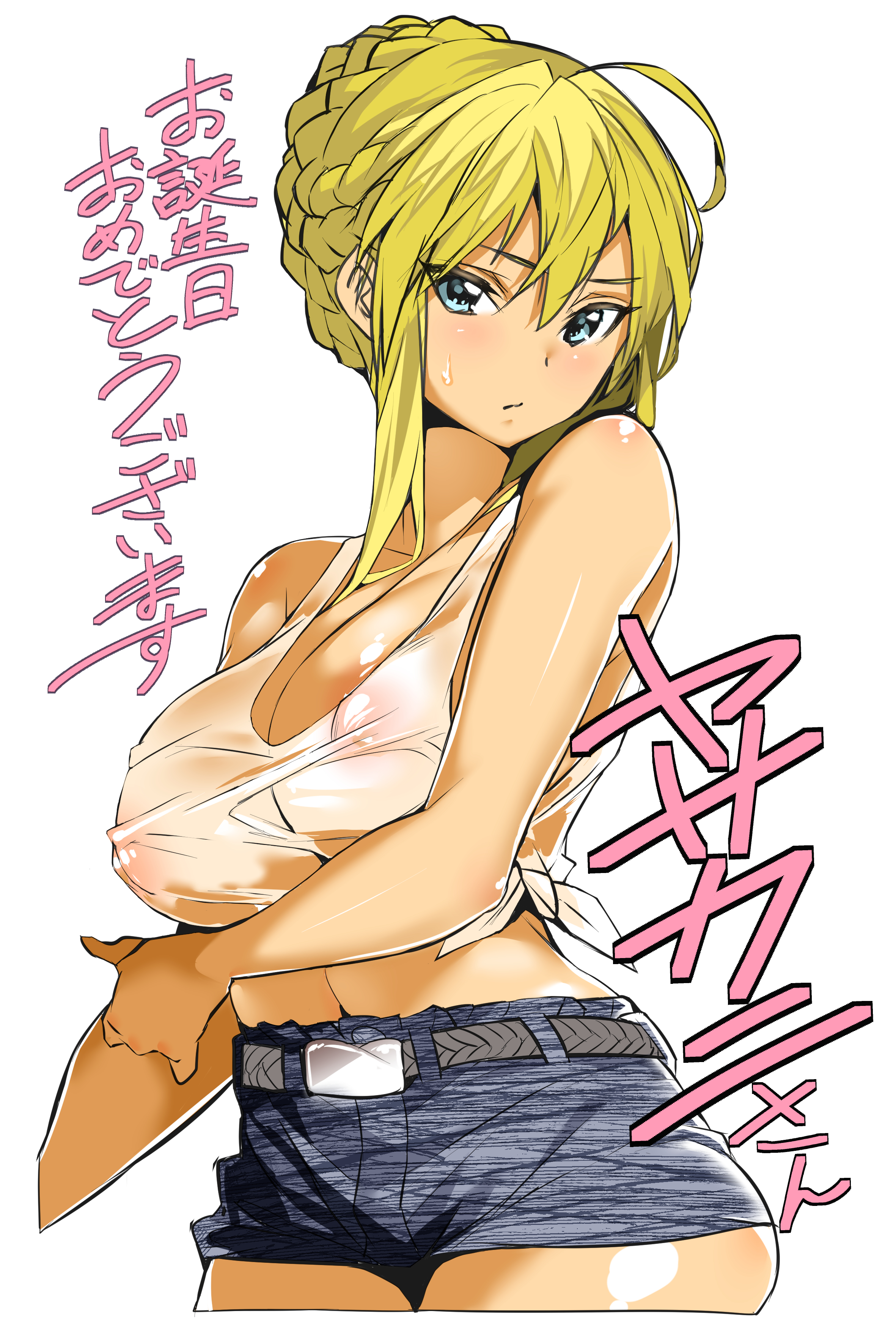 tsukamori shuuji, artoria pendragon (fate), saber (fate), fate (series), absurdres, commentary request, highres, translation request, 1girl, areola slip, arm under breasts, bare arms, bare shoulders, belt, black shorts, blonde hair, blue eyes, braid, breasts, covered erect nipples, cropped legs, large breasts, looking at viewer, midriff, navel, no bra, shirt, short shorts, shorts, simple background, solo, tank top, tied shirt, tied tank top, white background, white tank top