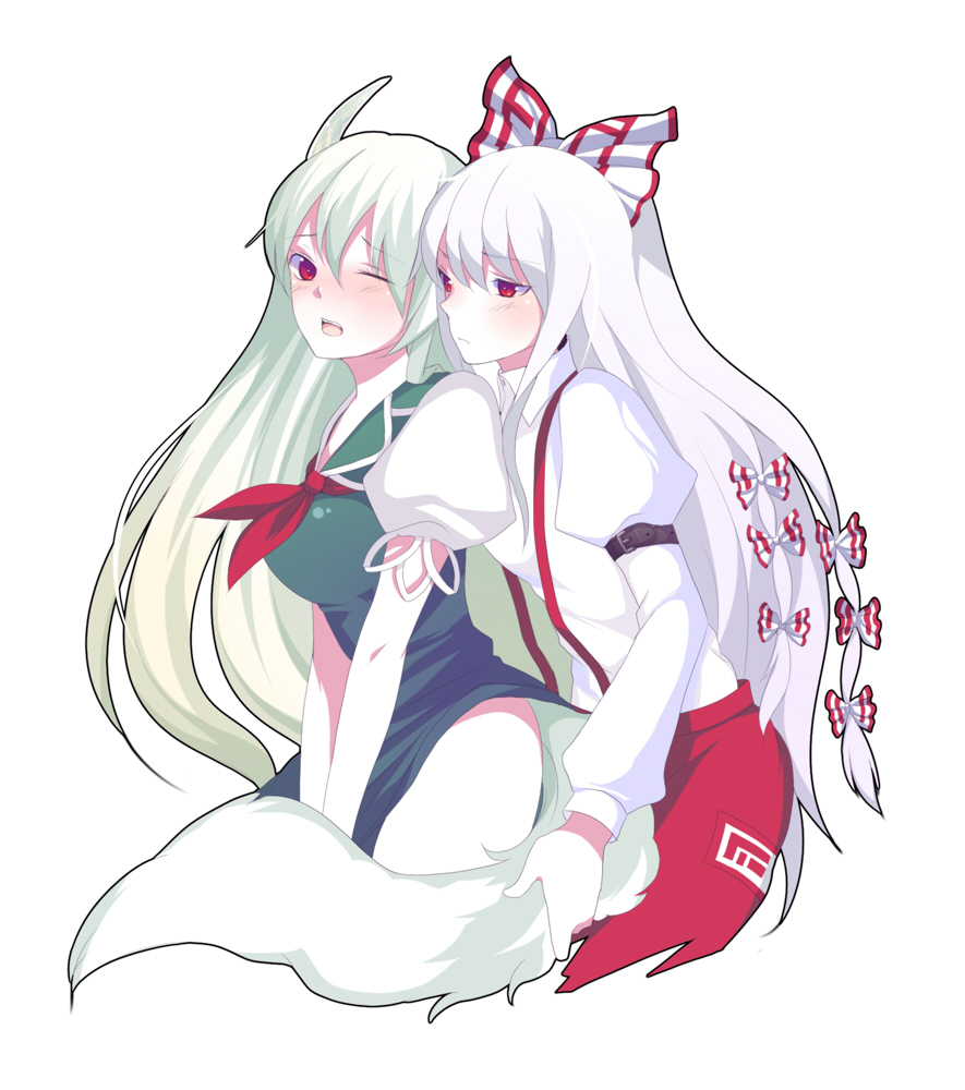 harano, ex-keine, fujiwara no mokou, kamishirasawa keine, touhou, 2girls, blush, female focus, multiple girls, red eyes, tail, tail fondling, white hair, wink, yuri