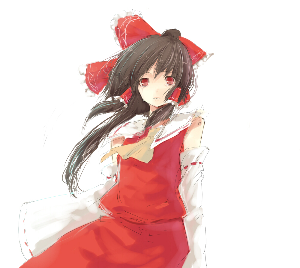 tetsuo (tashirosu), hakurei reimu, touhou, 1girl, black hair, blush, brown hair, collar, detached sleeves, female focus, floating hair, japanese clothes, long sleeves, miko, red eyes, red skirt, sidelocks, simple background, skirt, solo, tears, vest, white background, wind