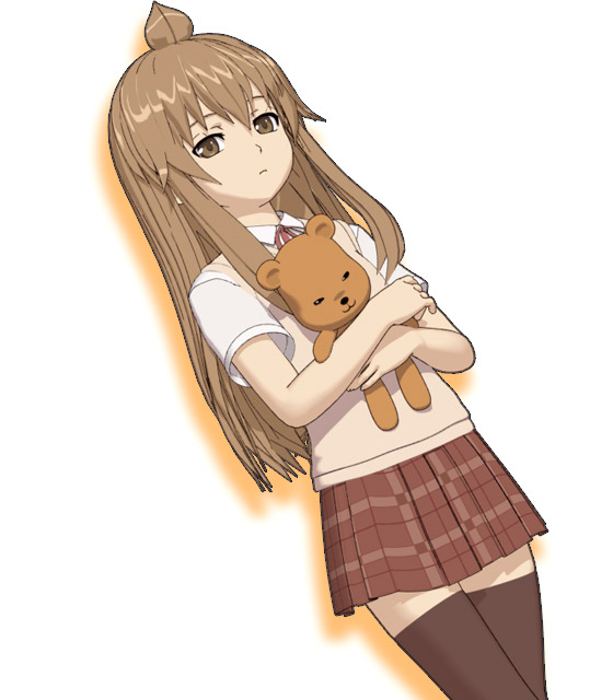 hokusen, fujioka-kuma (minami-ke), minami chiaki, minami-ke, 00s, 1girl, 3d, ahoge, brown eyes, brown hair, female focus, long hair, plaid clothes, plaid skirt, school uniform, serafuku, skirt, solo, standing, stuffed animal, stuffed toy, teddy bear, thighhighs, white background