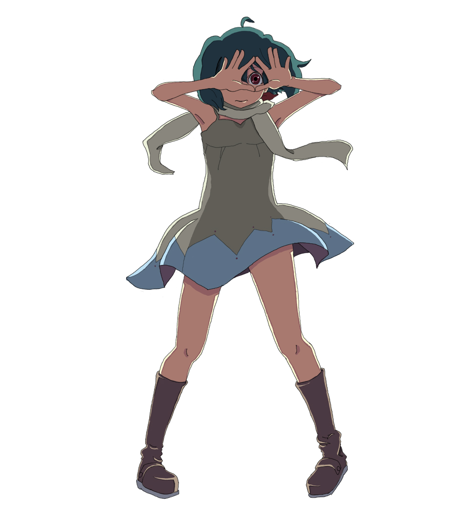todoroki suyoshi, ranka lee, macross, macross frontier, bad id, bad pixiv id, 00s, 1girl, ahoge, boots, brown boots, brown dress, dress, female focus, finger frame, full body, green hair, legs apart, looking at viewer, pigeon-toed, red eyes, short hair, simple background, solo, spread legs, standing, white background