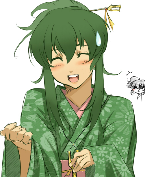 nana g, anise tatlin, ion (tales), tales of (series), tales of the abyss, 00s, 1boy, 1girl, ^^^, alternate costume, blush, chibi, chibi inset, closed eyes, green hair, japanese clothes, kimono, open mouth, smile, sweatdrop, trap