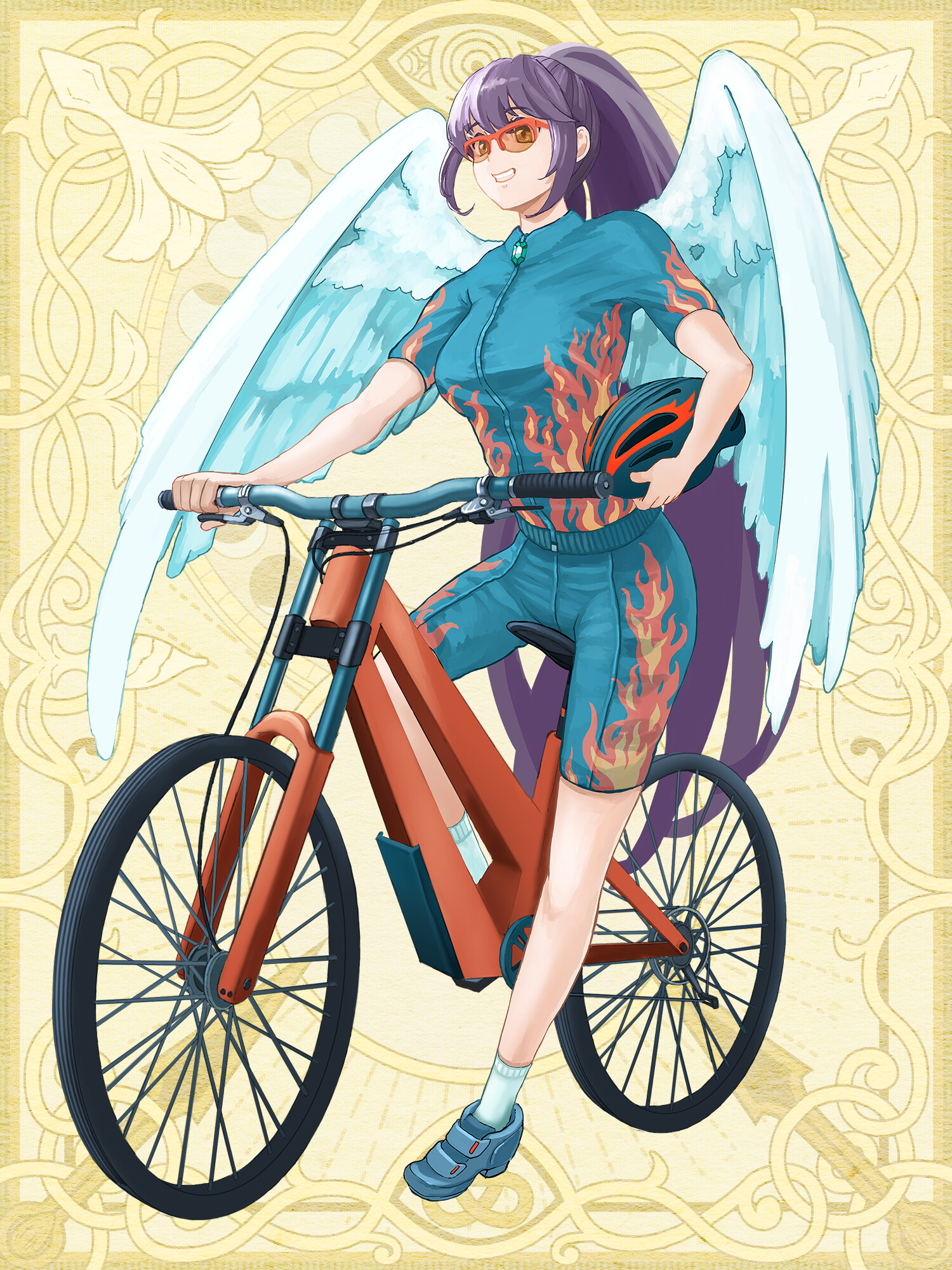 satou momonnyo, chain paradox, highres, 1girl, angel wings, bicycle, bike shorts, blue shorts, brown eyes, flame print, full body, gem, grey shoes, helmet, holding, holding unworn helmet, long hair, melkidia sedecriel, ponytail, purple hair, shoes, short sleeves, shorts, smile, socks, solo, sunglasses, unworn headwear, unworn helmet, very long hair, wings, yellow background