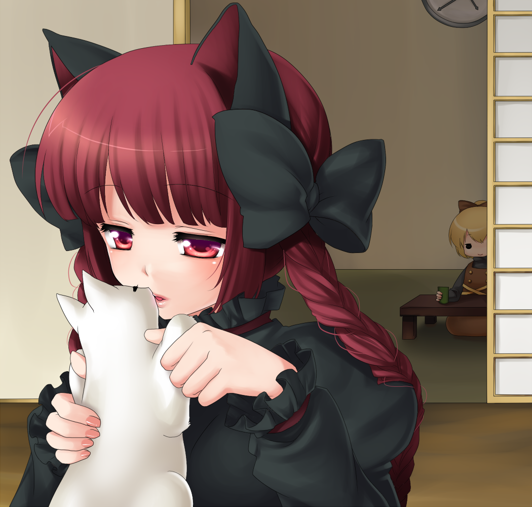 asuka226, kaenbyou rin, kurodani yamame, touhou, bad id, bad pixiv id, 2girls, animal, blonde hair, braid, cat, female focus, indoors, kiss, kissing animal, long hair, multiple girls, red hair, ribbon, short hair, sitting, twin braids, twintails, yuri
