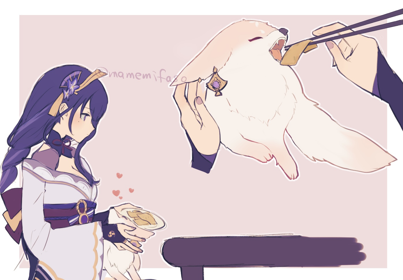 mano (m1n0f2e1), raiden shogun, yae miko, yae miko (fox), genshin impact, commentary request, 1girl, artist name, blunt bangs, braid, breasts, bridal gauntlets, chopsticks, cleavage, clothing cutout, fan hair ornament, feeding, flower ornament, food, friends, hair ornament, holding, holding chopsticks, incoming food, japanese clothes, kimono, large breasts, light blush, long braid, looking down, mole, mole under eye, multicolored hair, neck ribbon, off shoulder, pink background, purple eyes, purple hair, purple kimono, red ribbon, red sash, ribbon, sash, shoulder cutout, single braid, streaked hair, table, twitter username, yuri