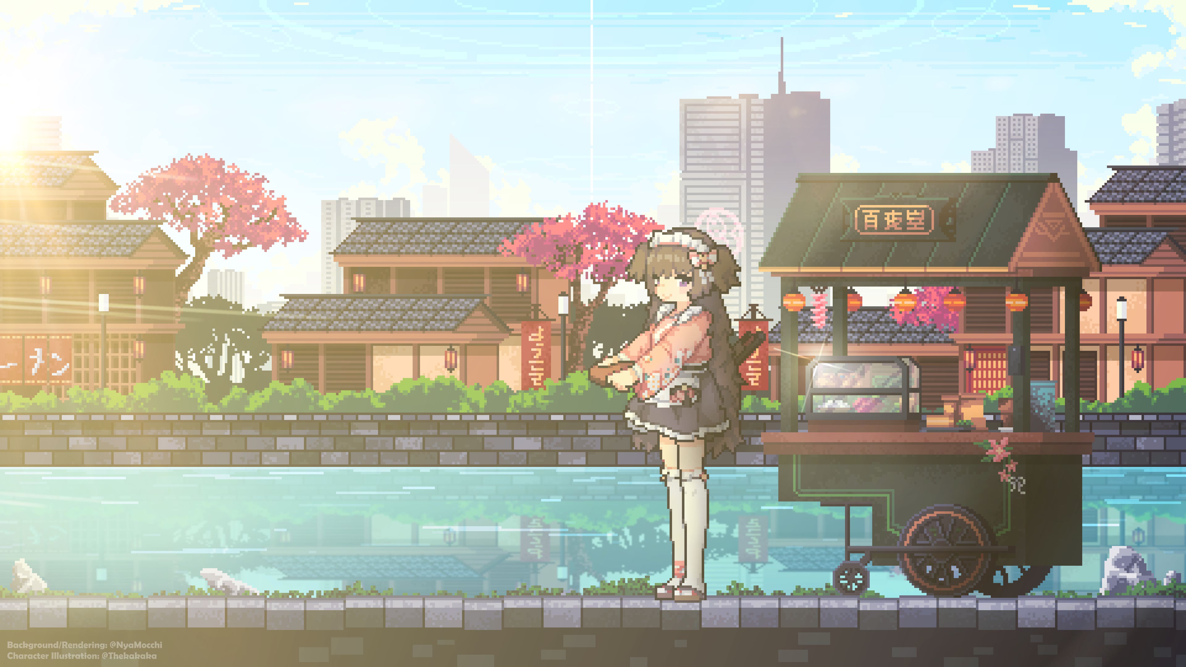 thetkakaka, shizuko (blue archive), blue archive, absurdres, artist collaboration, commentary, english commentary, highres, translation request, 1girl, ankle ribbon, apron, architecture, black skirt, bow, brown hair, building, cherry blossoms, city, cityscape, credits, east asian architecture, floral print, floral print kimono, frilled apron, frilled kimono, frills, full body, hair bow, halo, holding, holding plate, japanese clothes, kimono, kimono skirt, kivotos, lamppost, lantern, leg ribbon, lens flare, long hair, looking at viewer, maid, maid headdress, nyamocchi, okobo, paper lantern, pillar of light, pink bow, pink halo, pink kimono, pink ribbon, pixel art, plate, platform sandals, print kimono, purple eyes, reflection, reflective water, ribbon, sandals, skirt, smile, solo, standing, sun, thighhighs, twitter username, two side up, vending cart, wa maid, waist apron, water, white apron, white thighhighs