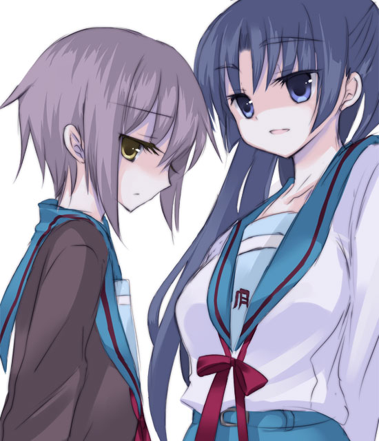 yatosaki haru, asakura ryoko, nagato yuki, suzumiya haruhi no yuuutsu, silver hair, 00s, 2girls, blue eyes, blue hair, cardigan, female focus, long hair, multiple girls, school uniform, serafuku, short hair, simple background, standing, white background