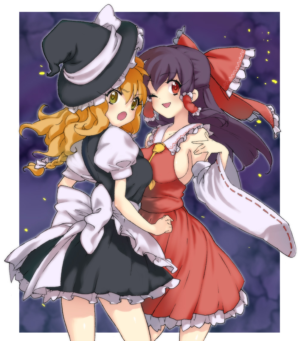 nejireru, hakurei reimu, kirisame marisa, touhou, bad id, bad pixiv id, 2girls, breasts, female focus, hat, japanese clothes, miko, multiple girls, ribbon, skirt