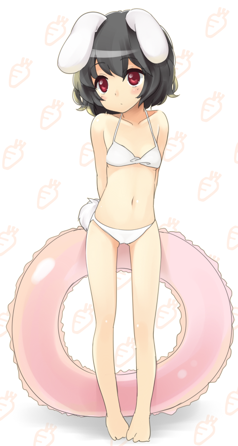 doriruman, inaba tewi, touhou, 1girl, animal ears, barefoot, bikini, black hair, female focus, innertube, rabbit ears, red eyes, short hair, solo, swim ring, swimsuit, white bikini