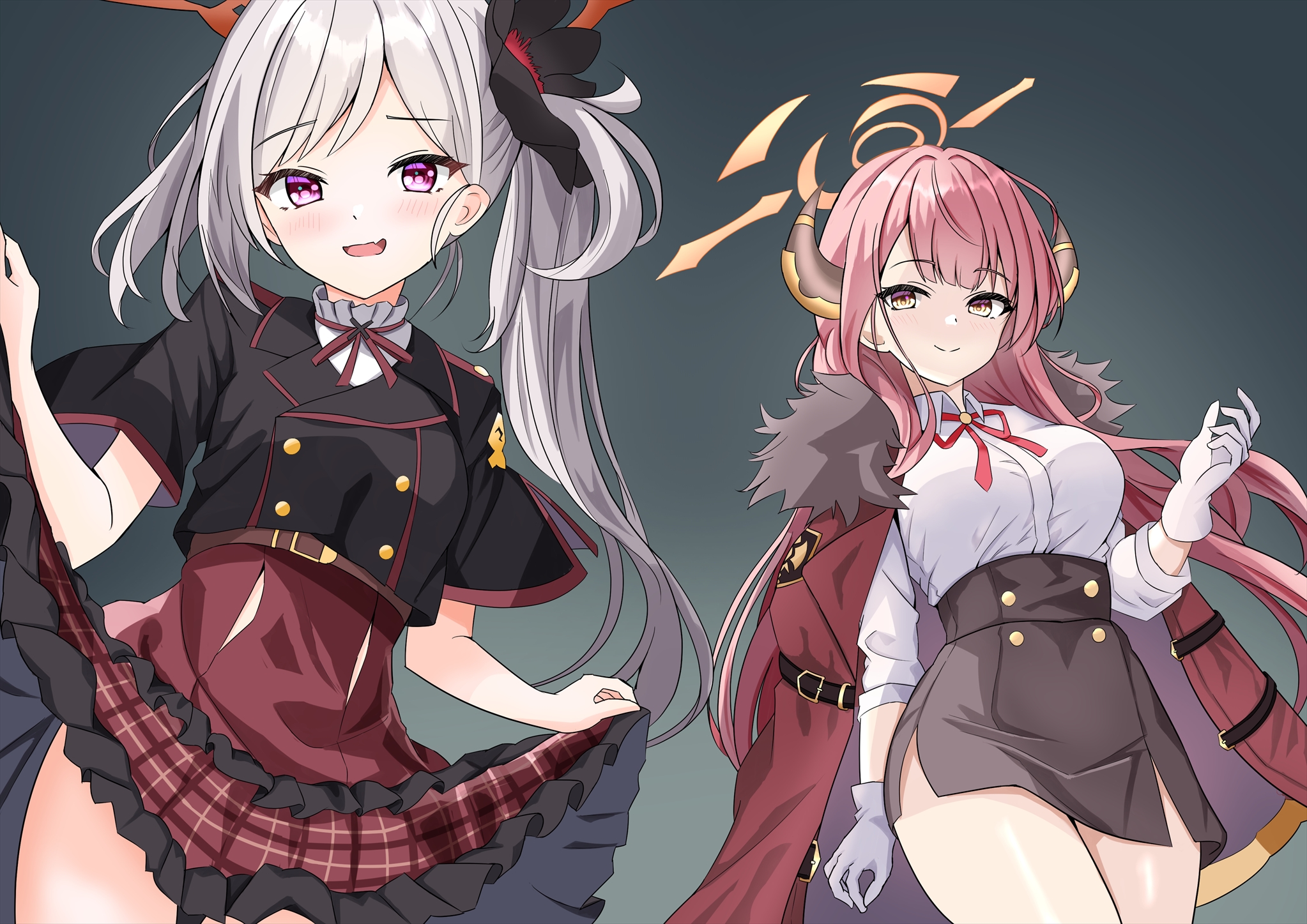 shamu (helix), aru (blue archive), mutsuki (blue archive), blue archive, commentary, highres, 2girls, :d, arm behind back, black shirt, black skirt, blunt bangs, blush, breasts, buttons, closed mouth, clothes lift, coat, coat on shoulders, collared shirt, cowboy shot, cropped shirt, curved horns, demon girl, demon horns, double-breasted, dress shirt, eyelashes, fang, floating hair, frilled skirt, frills, fur-trimmed coat, fur trim, gloves, grey background, grey hair, hair behind ear, halo, hand up, high-waist skirt, horns, large breasts, lifting own clothes, long hair, long sleeves, looking at viewer, multiple girls, naughty face, neck ribbon, open mouth, orange halo, pencil skirt, pink eyes, pink hair, pink halo, plaid clothes, plaid skirt, purple eyes, red ribbon, red skirt, ribbon, school uniform, shiny skin, shirt, short sleeves, side slit, sidelocks, simple background, skin fang, skirt, skirt lift, smile, split mouth, thighs, tsurime, very long hair, white gloves, white shirt