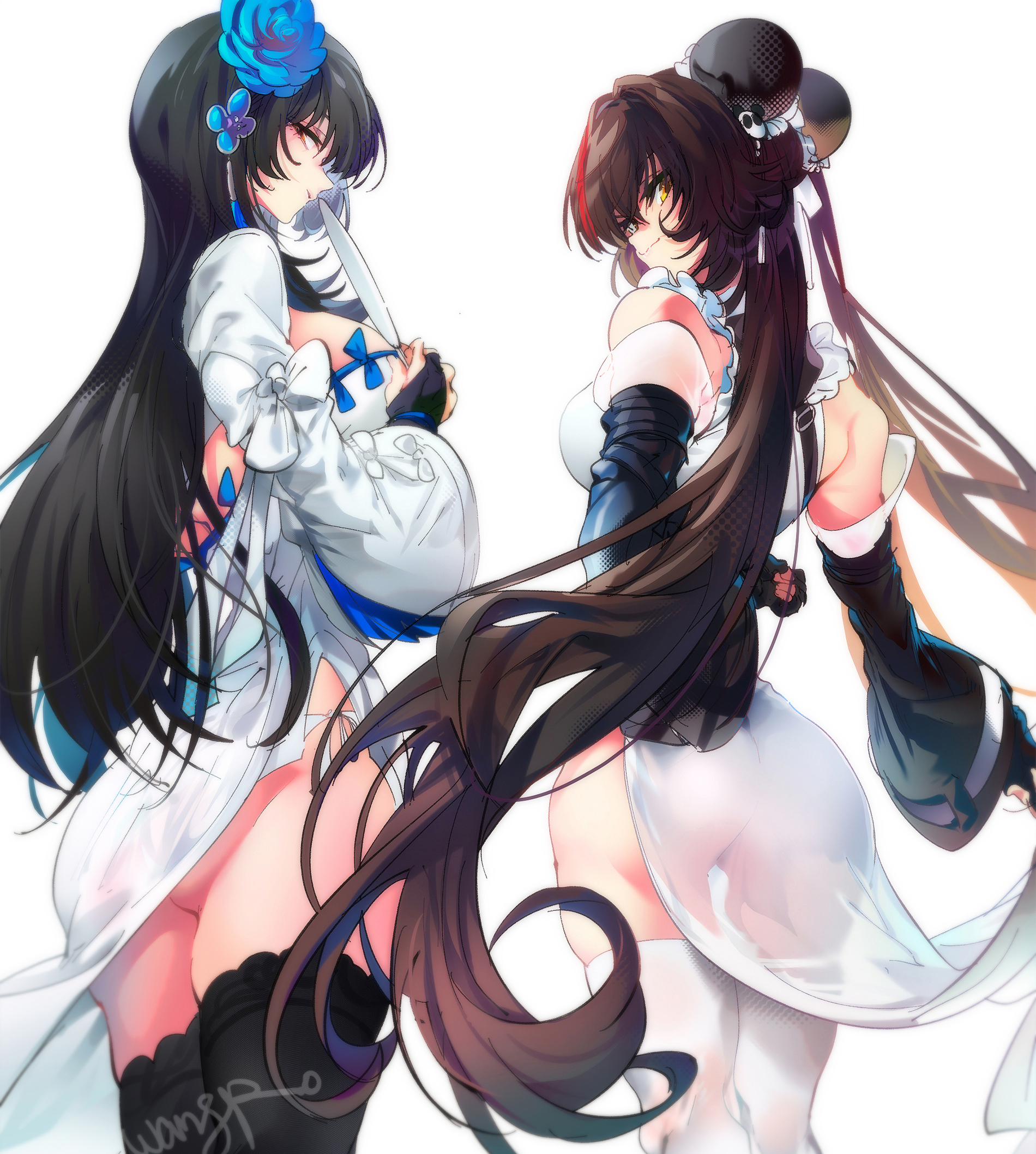 wangpo, daiyan (girls' frontline 2), jiangyu (girls' frontline 2), type 95 (girls' frontline), type 95 (narcissus) (girls' frontline), type 97 (girls' frontline), girls' frontline, girls' frontline 2: exilium, commentary request, highres, korean commentary, 2girls, artist name, ass, black hair, black sleeves, black thighhighs, blue flower, brown eyes, brown hair, bun cover, china dress, chinese clothes, closed mouth, detached sleeves, dress, flower, hair flower, hair ornament, hand fan, holding, holding fan, looking at viewer, looking back, multiple girls, official alternate costume, simple background, smile, thighhighs, twintails, white background, white dress, white thighhighs
