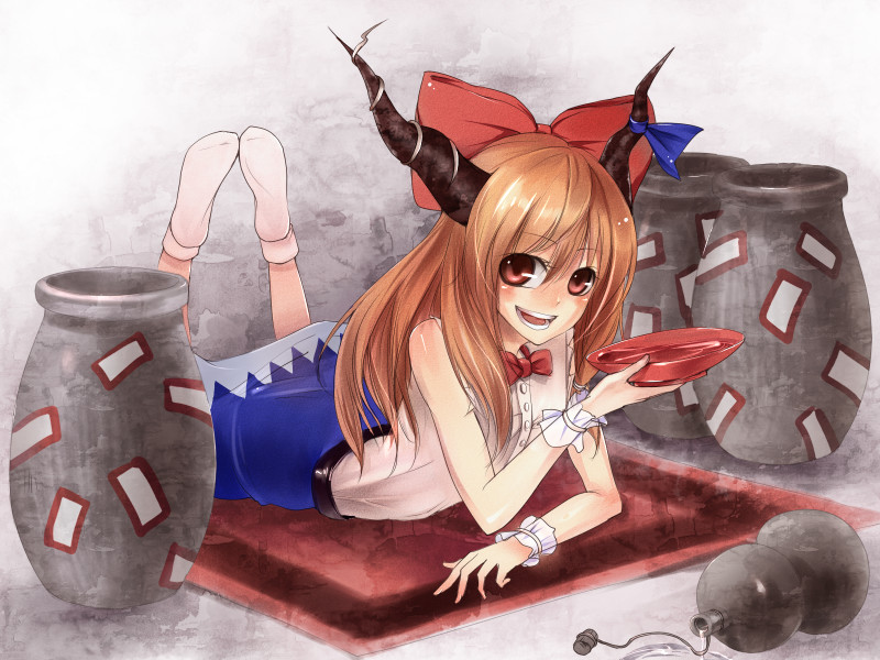 miya9, ibuki suika, touhou, 1girl, drink, female focus, horns, long hair, lying, ribbon, socks, solo, white socks