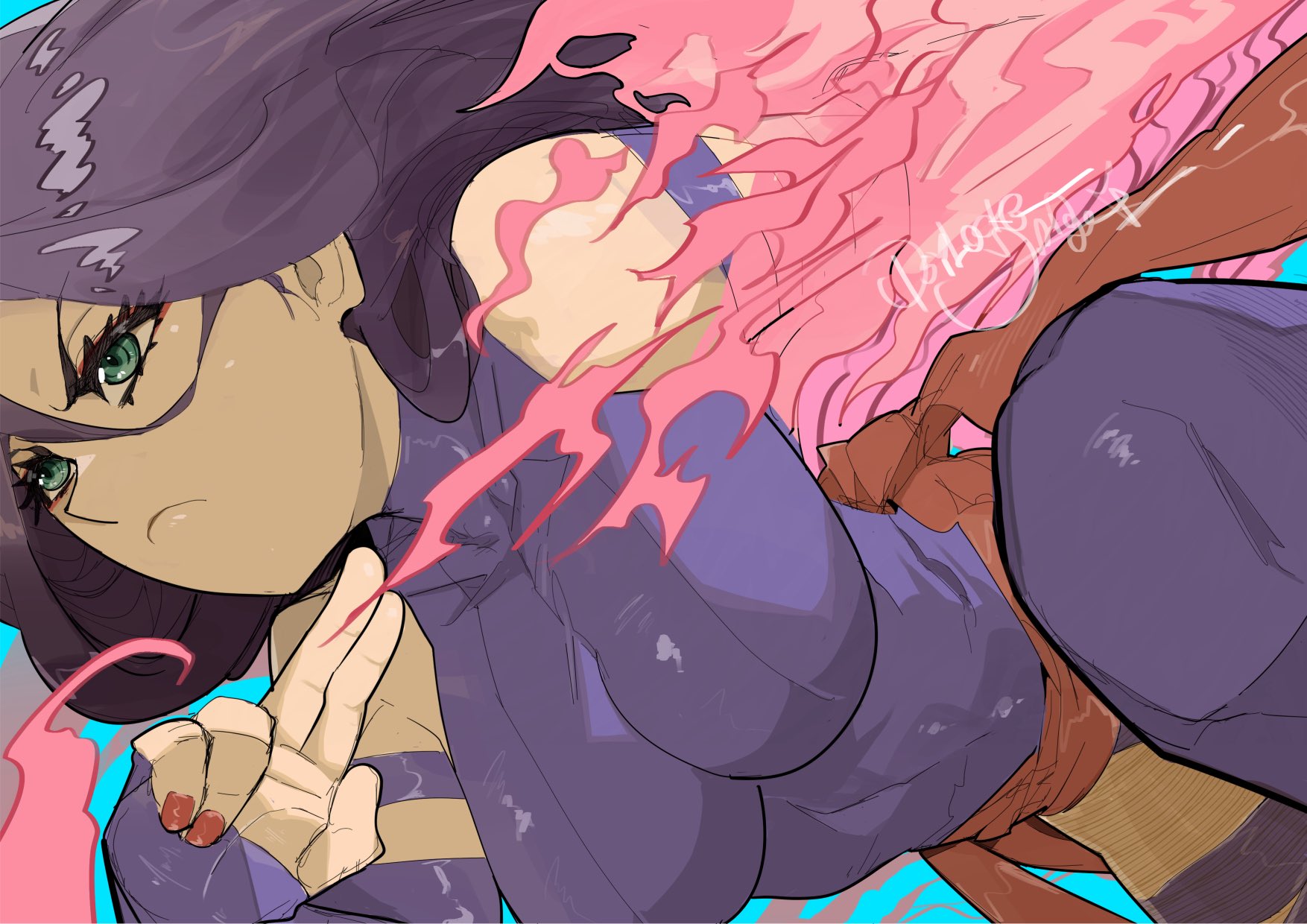 jinbei, psylocke, psylocke (vengeance), marvel, marvel rivals, x-men, highres, 1girl, black hair, breasts, elbow gloves, gloves, highleg, large breasts, leotard, long hair, purple hair, sash, solo, superhero costume, thighhighs