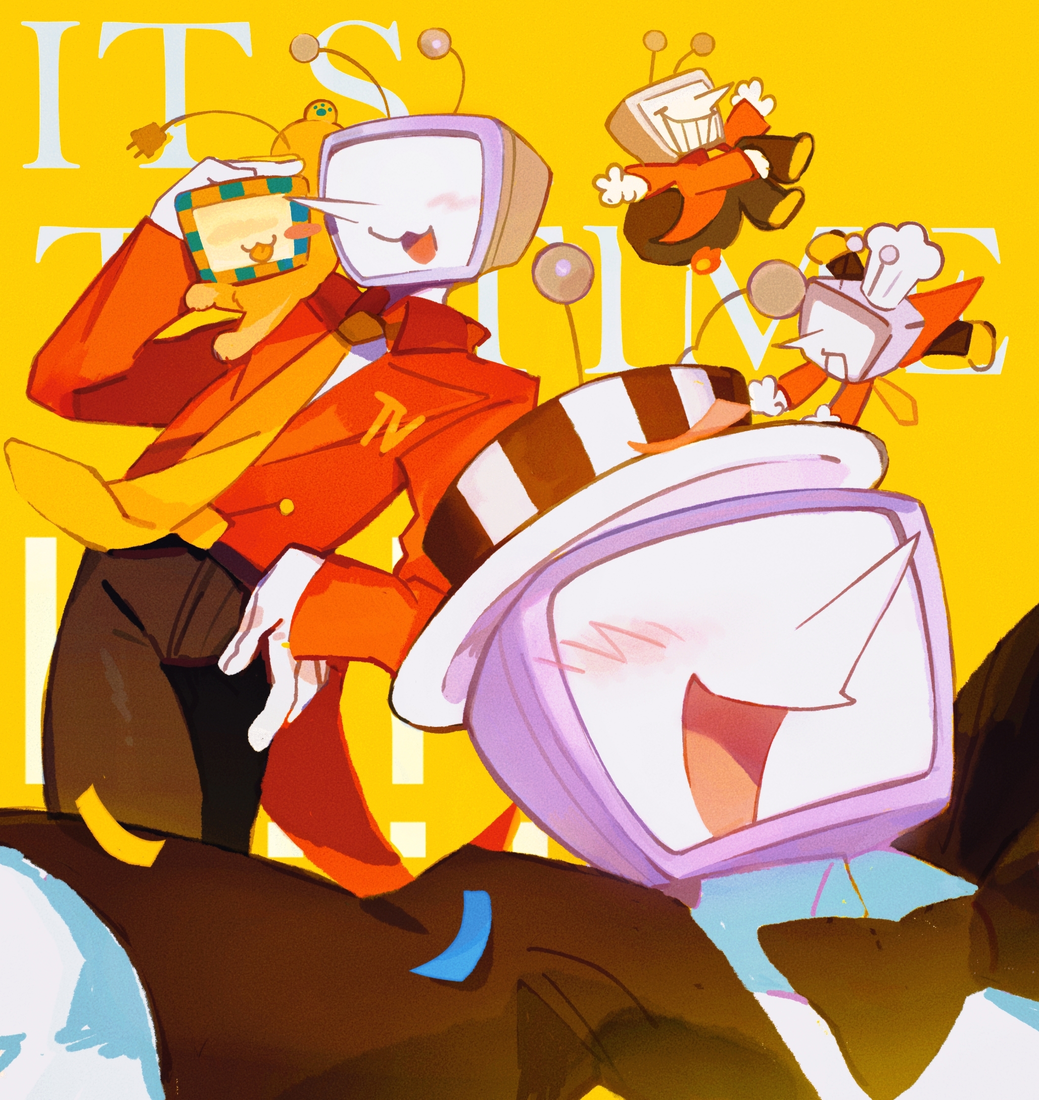 ningzzz, ant tenna, deltarune, utdr (toby fox), chinese commentary, commentary request, highres, 1boy, :3, :d, black bow, black bowtie, black hat, black jacket, black pants, blush, bow, bowtie, chef hat, coat, collared shirt, cowboy shot, crt, facing viewer, film grain, grin, hand on own hip, hat, jacket, long sleeves, male focus, multiple views, necktie, no eyes, object head, open clothes, open jacket, open mouth, orange background, orange necktie, orange shoes, outstretched arms, pants, pointy nose, radio antenna, red coat, shirt, shoes, simple background, smile, standing, striped clothes, striped hat, striped headwear, tongue, traditional bowtie, two-tone hat, upper body, vertical-striped clothes, vertical-striped headwear, white hat, white shirt