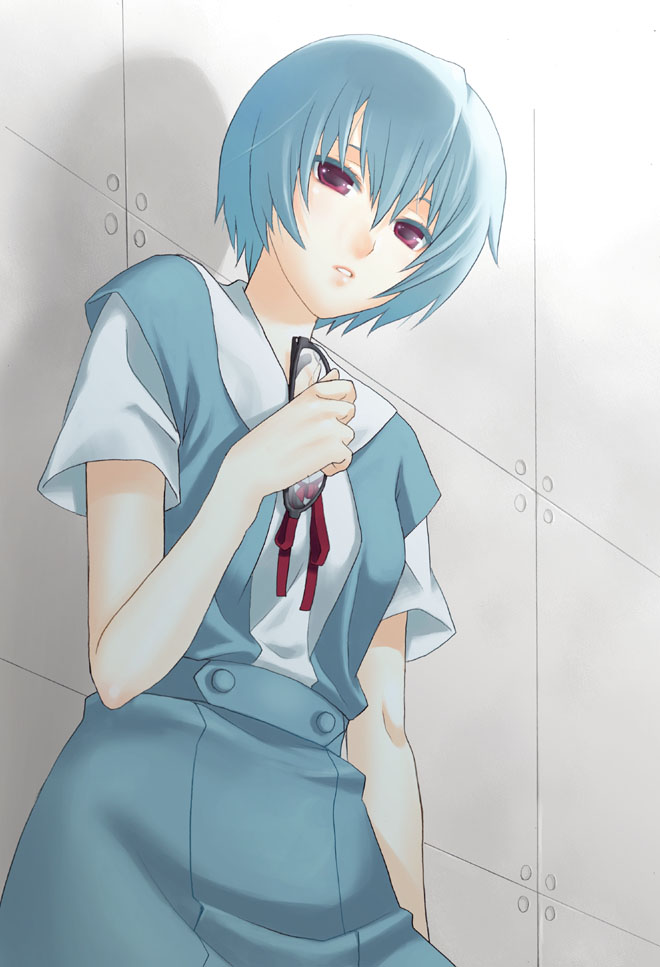 mattaku mousuke, ayanami rei, neon genesis evangelion, bad id, bad pixiv id, 1girl, blue hair, broken, broken eyewear, female focus, glasses, pale skin, red eyes, school uniform, serafuku, short hair, solo, standing