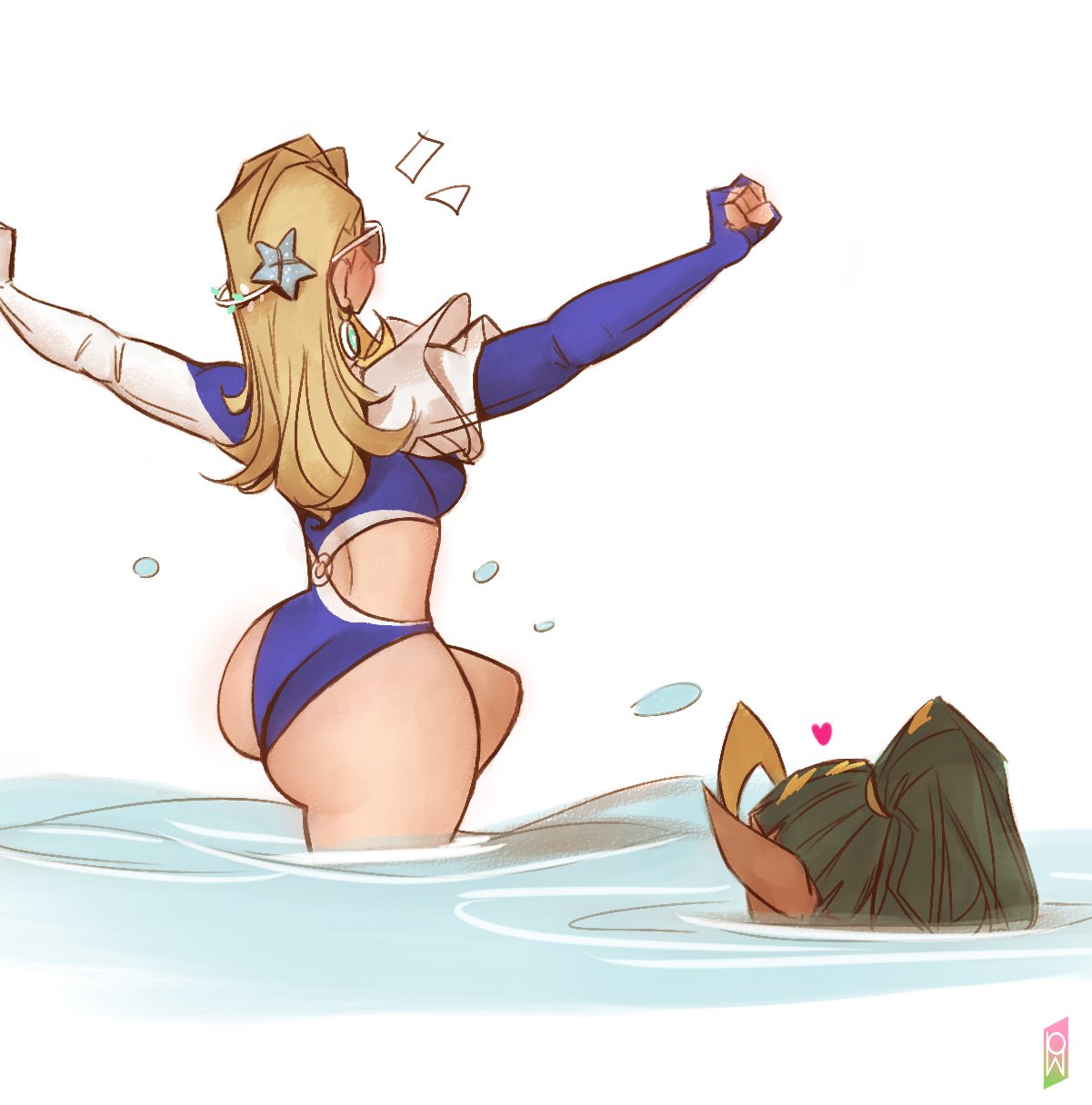 phelippetom, namor, sue storm, sue storm (azure shade), fantastic four, marvel, marvel rivals, commentary, highres, symbol-only commentary, 1boy, 1girl, ass, blonde hair, breasts, large breasts, official alternate costume, painterly, pointy ears, ponytail, swimsuit, water