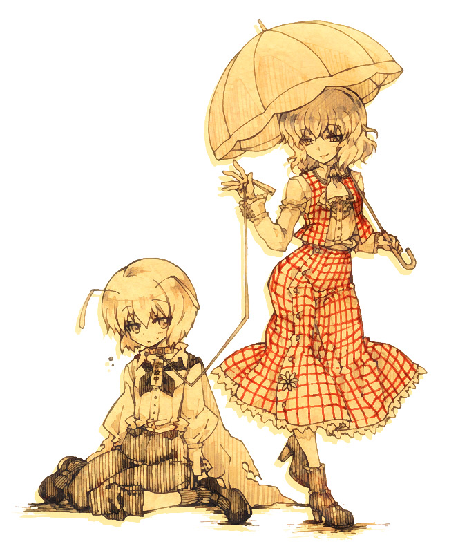 ara, arai kuma, kazami yuuka, wriggle nightbug, touhou, bad id, bad pixiv id, 2girls, antennae, ascot, collar, female focus, leash, monochrome, multiple girls, parasol, pet play, plaid clothes, plaid skirt, plaid vest, sepia, short hair, skirt, skirt set, spot color, umbrella, vest, white background