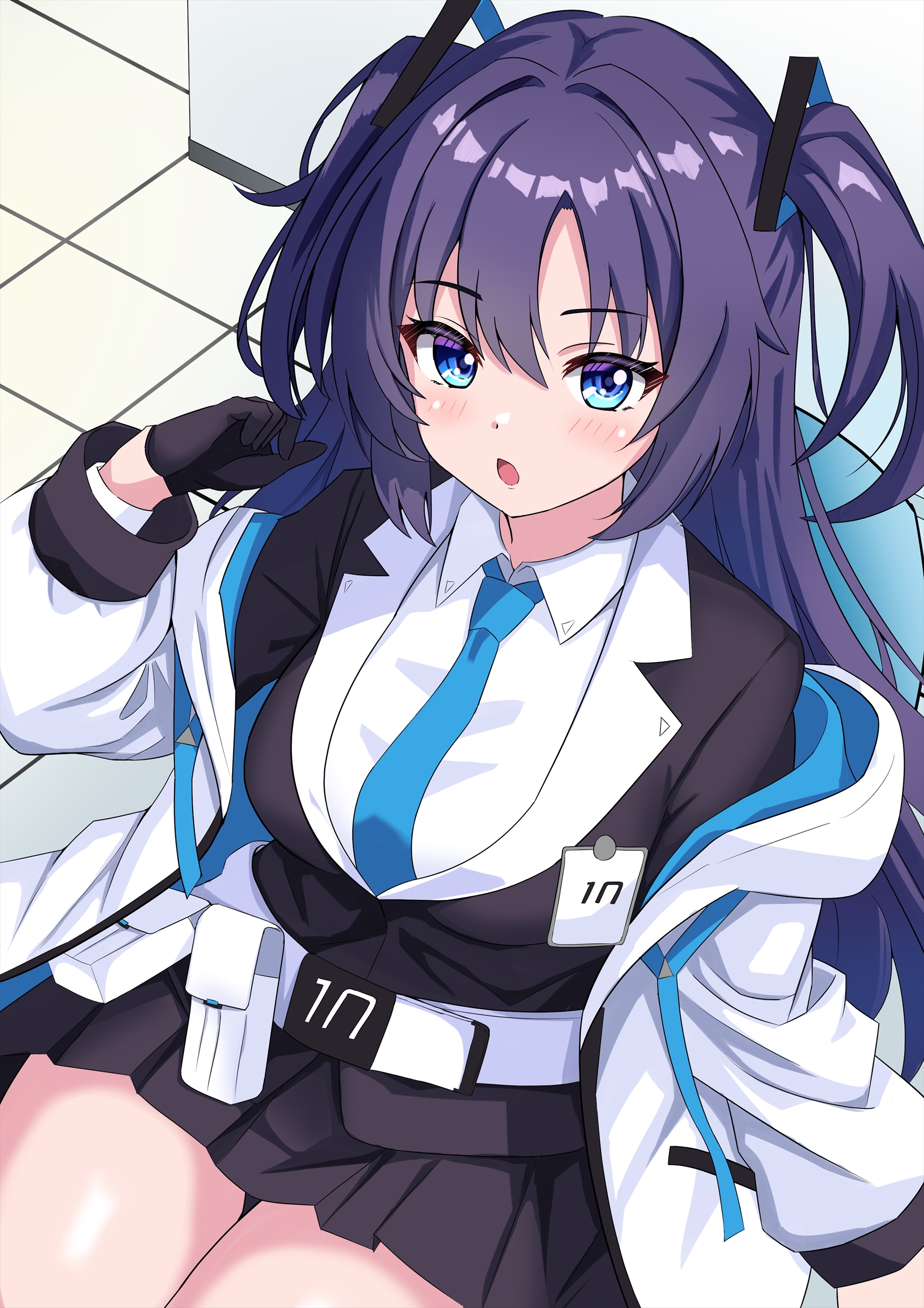 shamu (helix), yuuka (blue archive), blue archive, absurdres, commentary, highres, 1girl, :o, belt, black gloves, black skirt, black suit, blue eyes, blue necktie, blush, chair, collared shirt, cowboy shot, dutch angle, eyelashes, eyes visible through hair, formal clothes, gloves, hair between eyes, hair intakes, hair ornament, half gloves, hand up, id card, indoors, jacket, jacket partially removed, long hair, long sleeves, looking at viewer, millennium science school logo, miniskirt, necktie, on chair, open clothes, open jacket, open mouth, pleated skirt, puffy long sleeves, puffy sleeves, purple hair, school uniform, shirt, sidelocks, sitting, skirt, solo, suit, tile floor, tiles, triangle hair ornament, two side up, very long hair, white belt, white jacket, white shirt