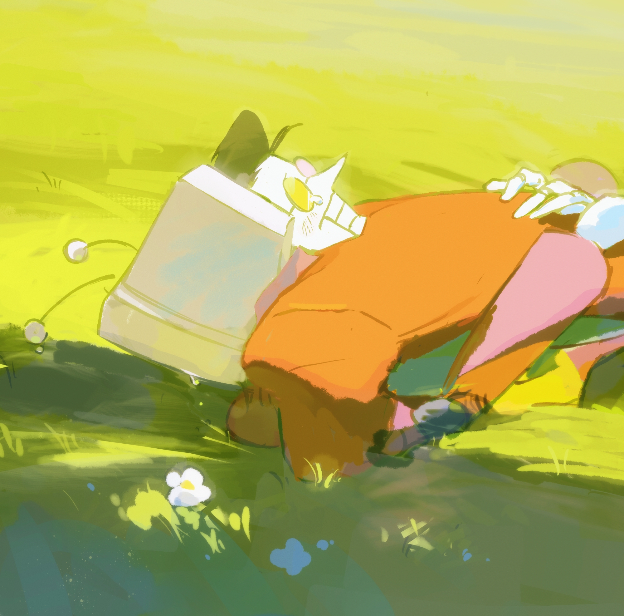 ningzzz, ant tenna, spamton g. spamton, spamton neo, deltarune, utdr (toby fox), chinese commentary, commentary request, highres, 2boys, :d, black hair, boy on top, colored skin, crt, day, flower, grin, hair slicked back, heterochromatic eyewear, hug, jacket, jewelry, lying, male focus, multiple boys, object head, on back, on grass, open mouth, outdoors, pink-tinted eyewear, pointy nose, radio antenna, red jacket, ring, round eyewear, short hair, simple background, smile, sunglasses, tinted eyewear, upper body, very short hair, white flower, white skin, yellow-tinted eyewear