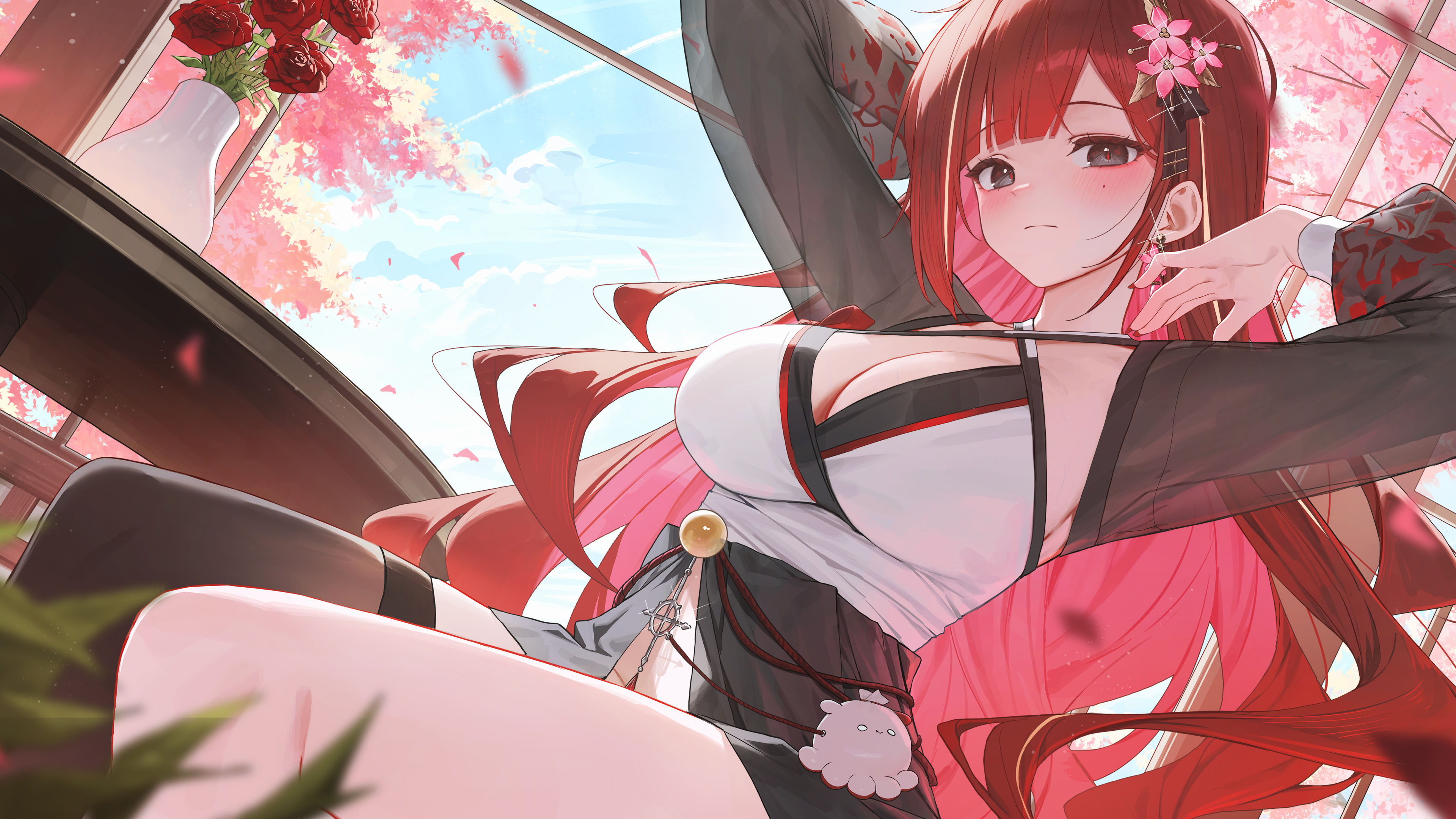 huhi (huhi 1211), akane lize, stellive, absurdres, hashtag-only commentary, highres, 1girl, arm behind head, armpits, arms up, black eyes, black skirt, black sleeves, breasts, brown thighhighs, center opening, cleavage, closed mouth, criss-cross halter, dutch angle, flower, hair flower, hair ornament, halterneck, korean clothes, large breasts, long hair, long sleeves, looking at viewer, mole, mole on cheek, multicolored hair, red hair, see-through clothes, see-through sleeves, shirt, single thighhigh, sitting, skirt, sleeveless, sleeveless shirt, solo, streaked hair, thighhighs, vase, very long hair, virtual youtuber, white shirt